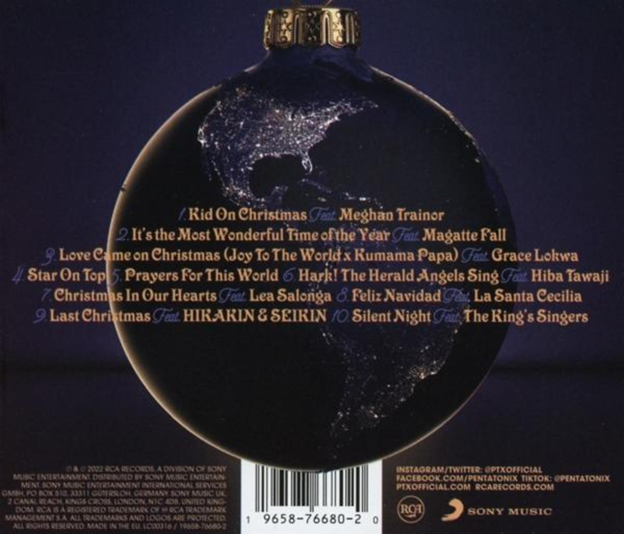 Eine blaue Weihnachtskugel zeigt die Erde aus dem All mit einer Songliste und Sony-Musiklogos.