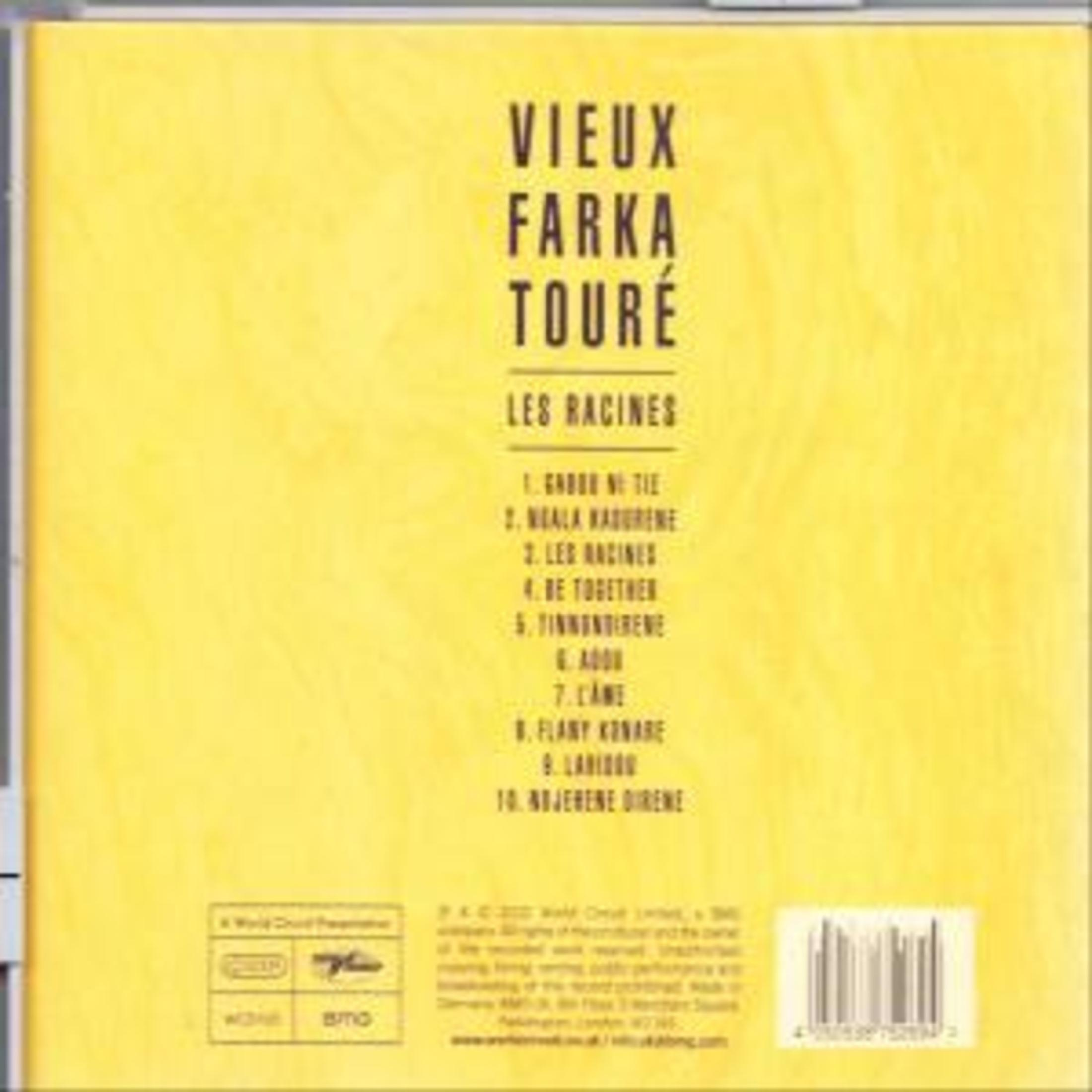 Gelbes Musik-CD-Cover mit schwarzem Text und Titelliste für Vieux Farka Touré.
