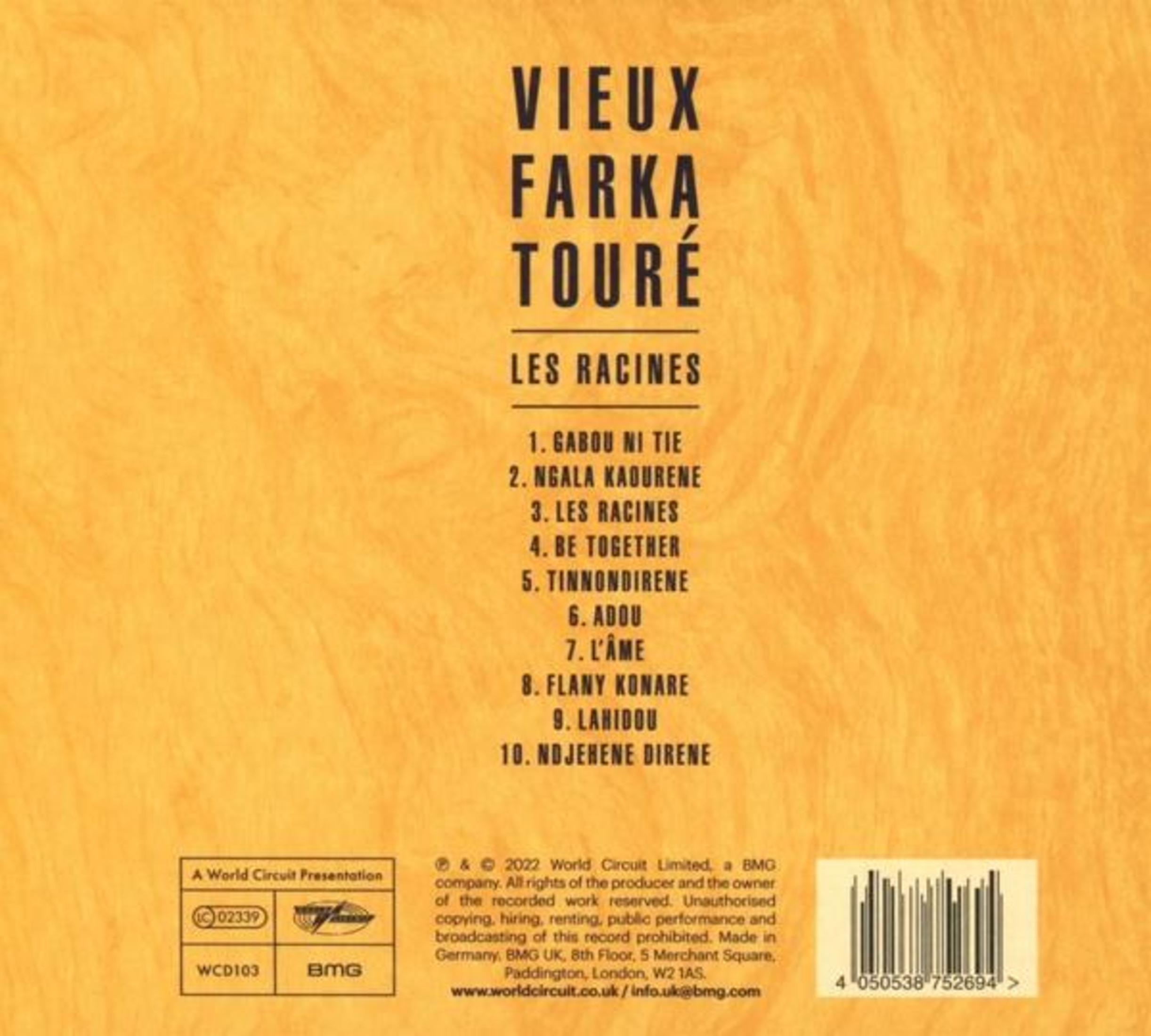 Rückseite des Albums Les Racines von Vieux Farka Touré mit gelbem Hintergrund, Trackliste und Barcode.