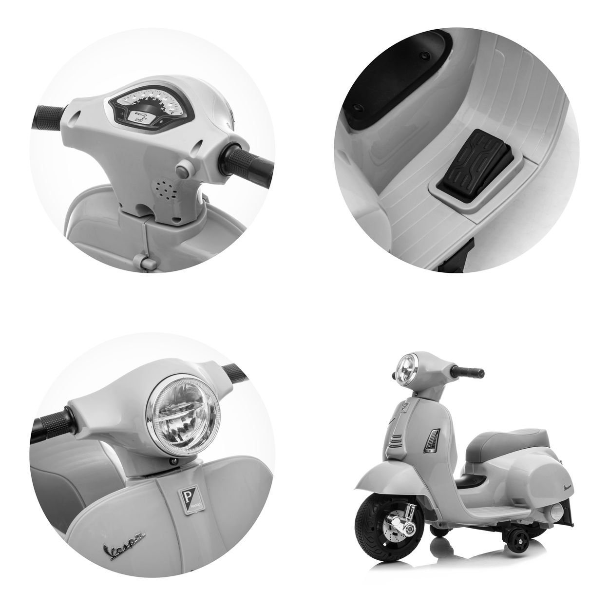 Vier kreisrund eingefasste Nahaufnahmen eines grauen Spielzeug-Vespa-Rollers mit Lenker, Fußpedal, Scheinwerfer und Gesamtprofil.