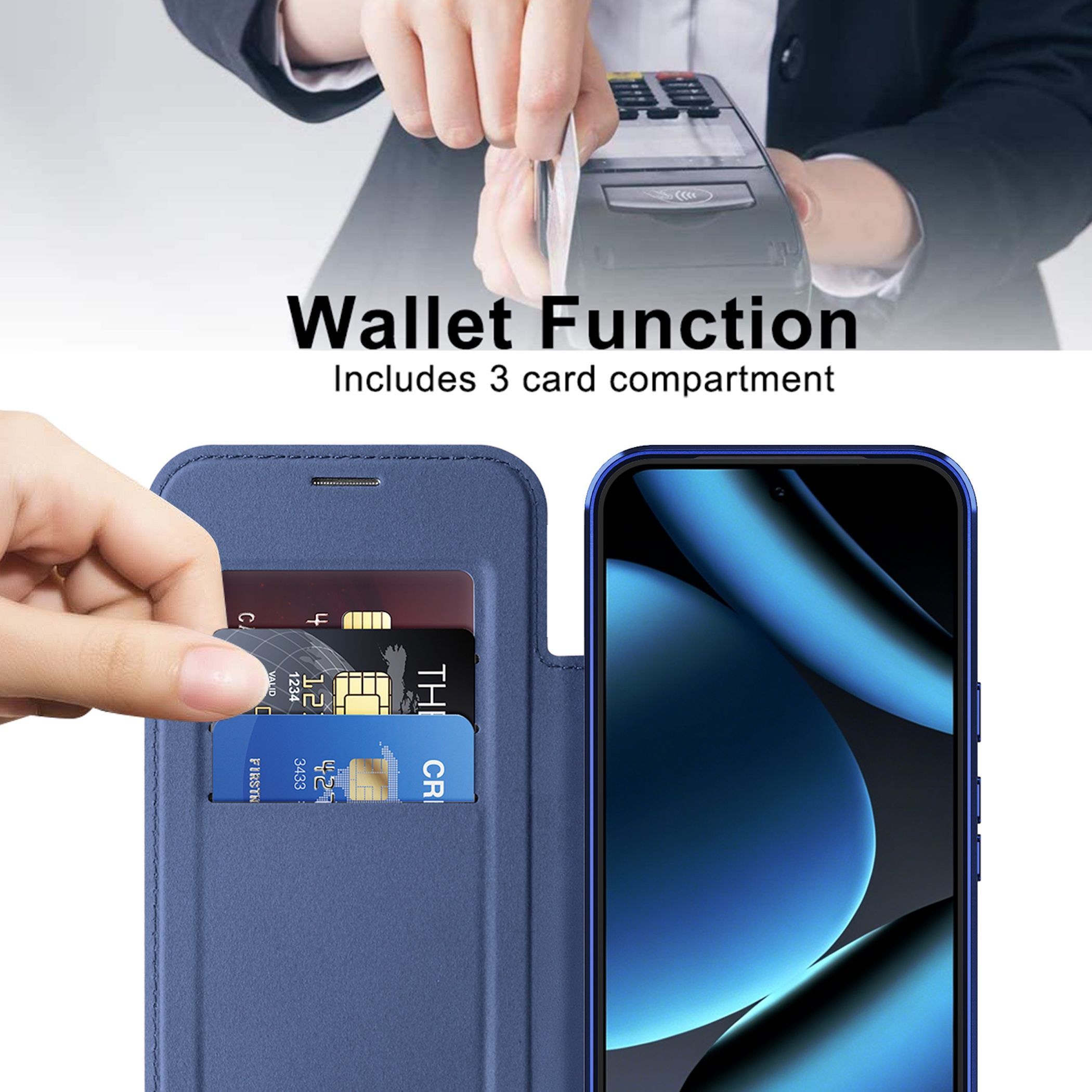 Blaue Brieftasche mit Kreditkartenfach daneben ein Smartphone.