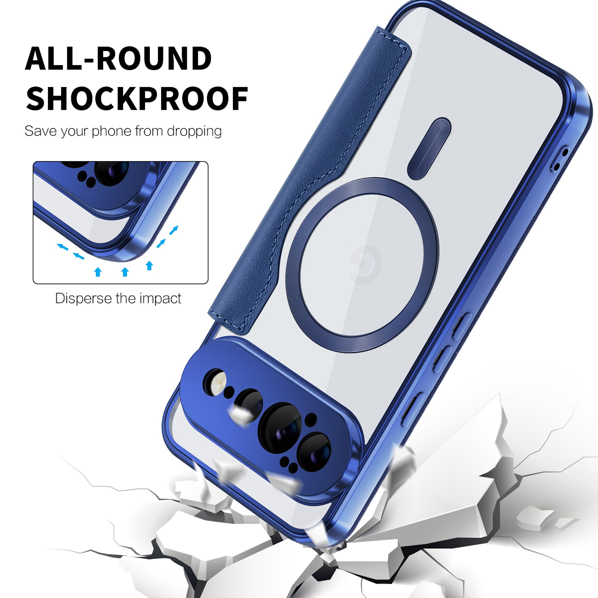 Eine blaue Smartphone-Hülle mit Magnetring trifft auf eine zerbrochene Oberfläche mit Text über Stoßschutz.