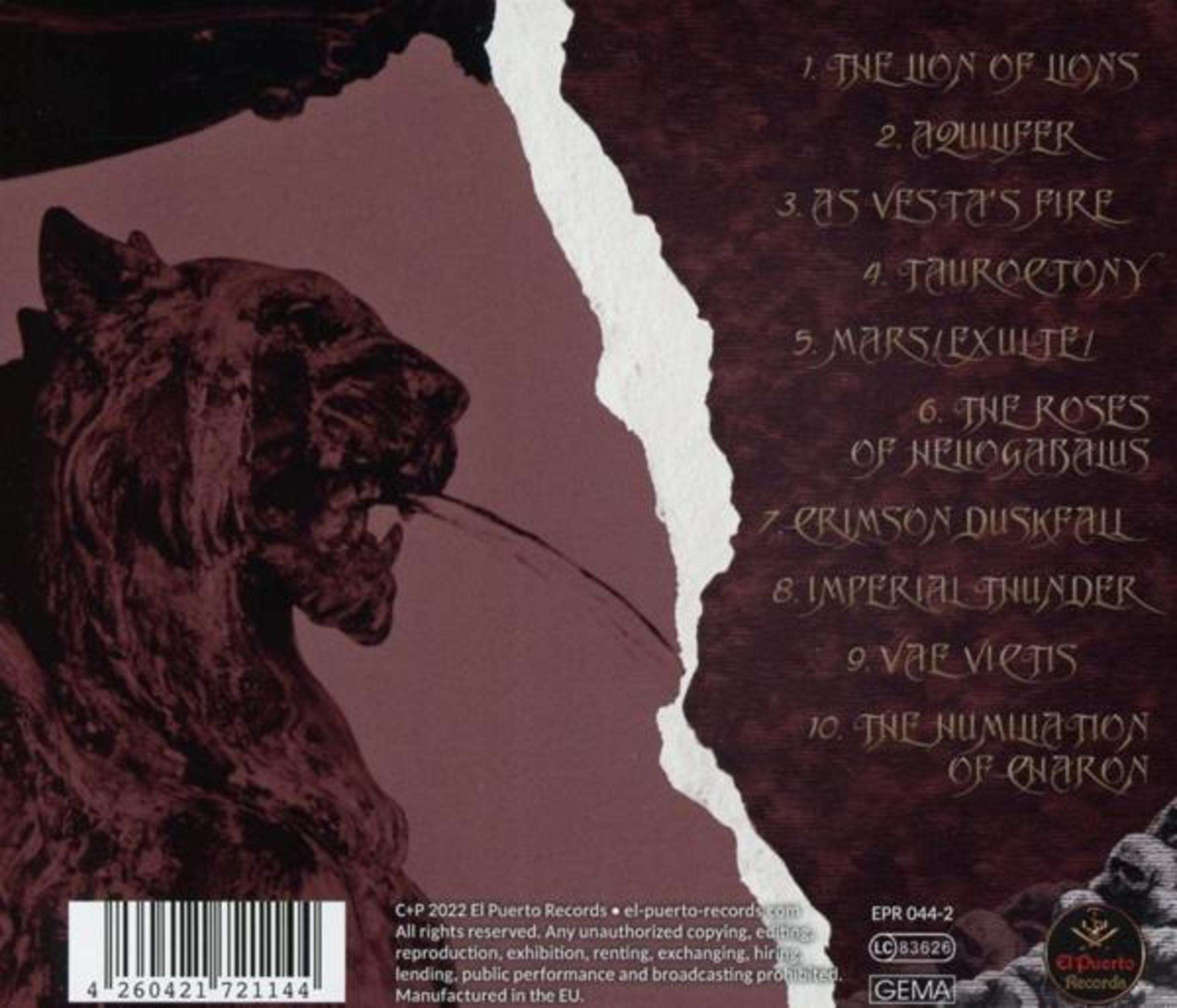 Rückseite eines CD-Covers in Rot mit einer Löwenstatue links und einer Trackliste rechts.