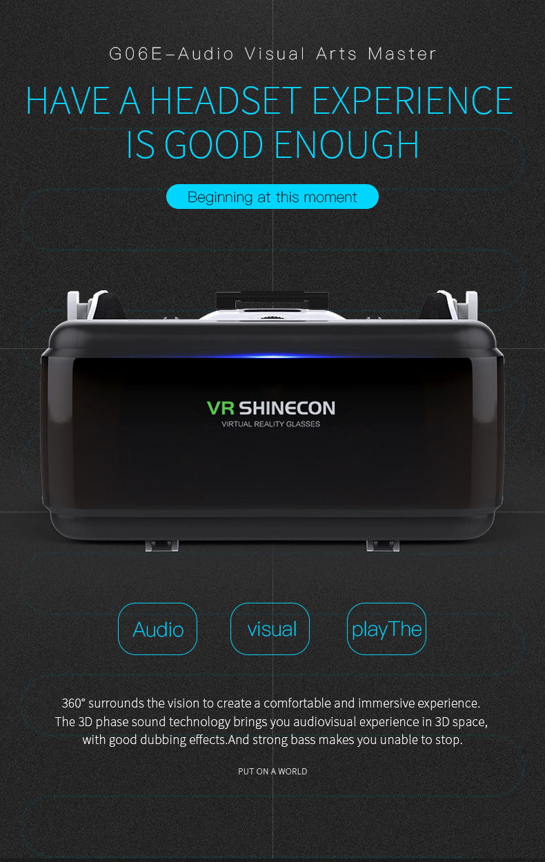 Schwarze VR Shinecon Virtual-Reality-Brille auf dunklem Hintergrund mit Text.