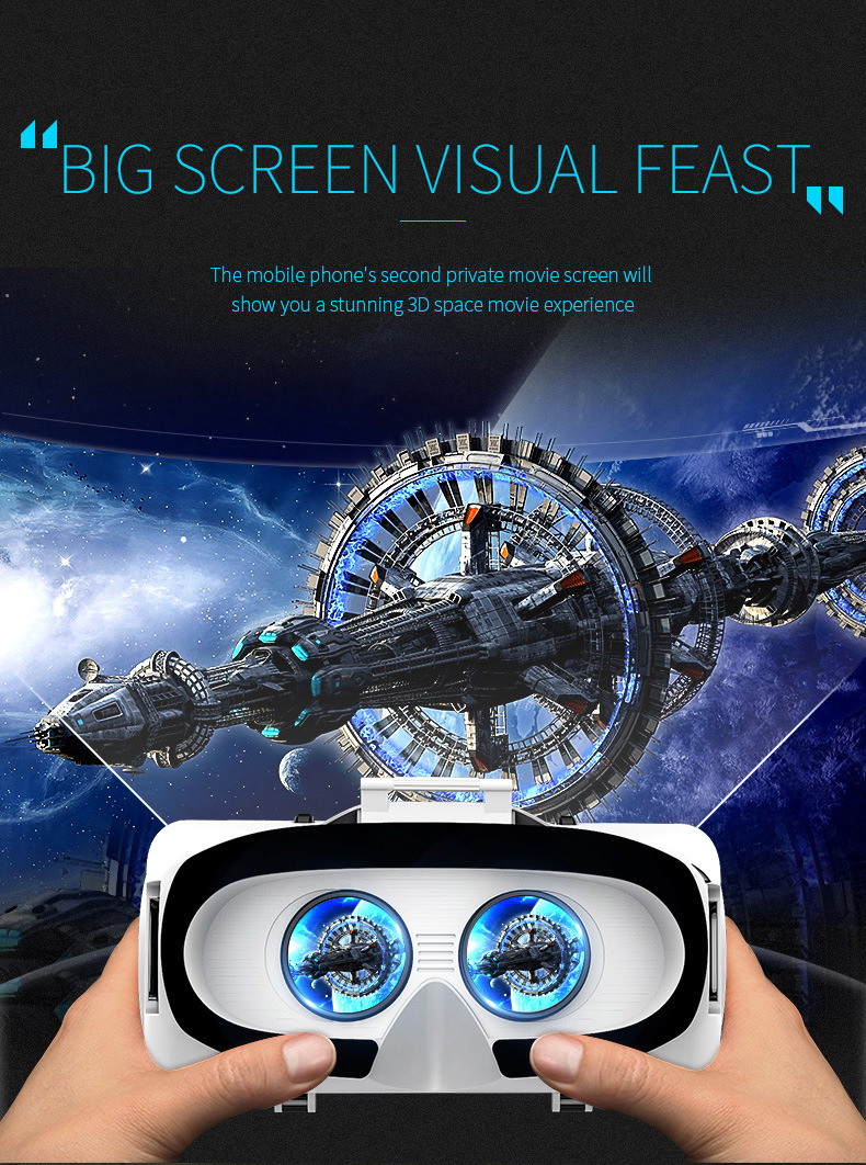 VR-Headset mit Raumschiff im All, Text: Big Screen Visual Feast.
