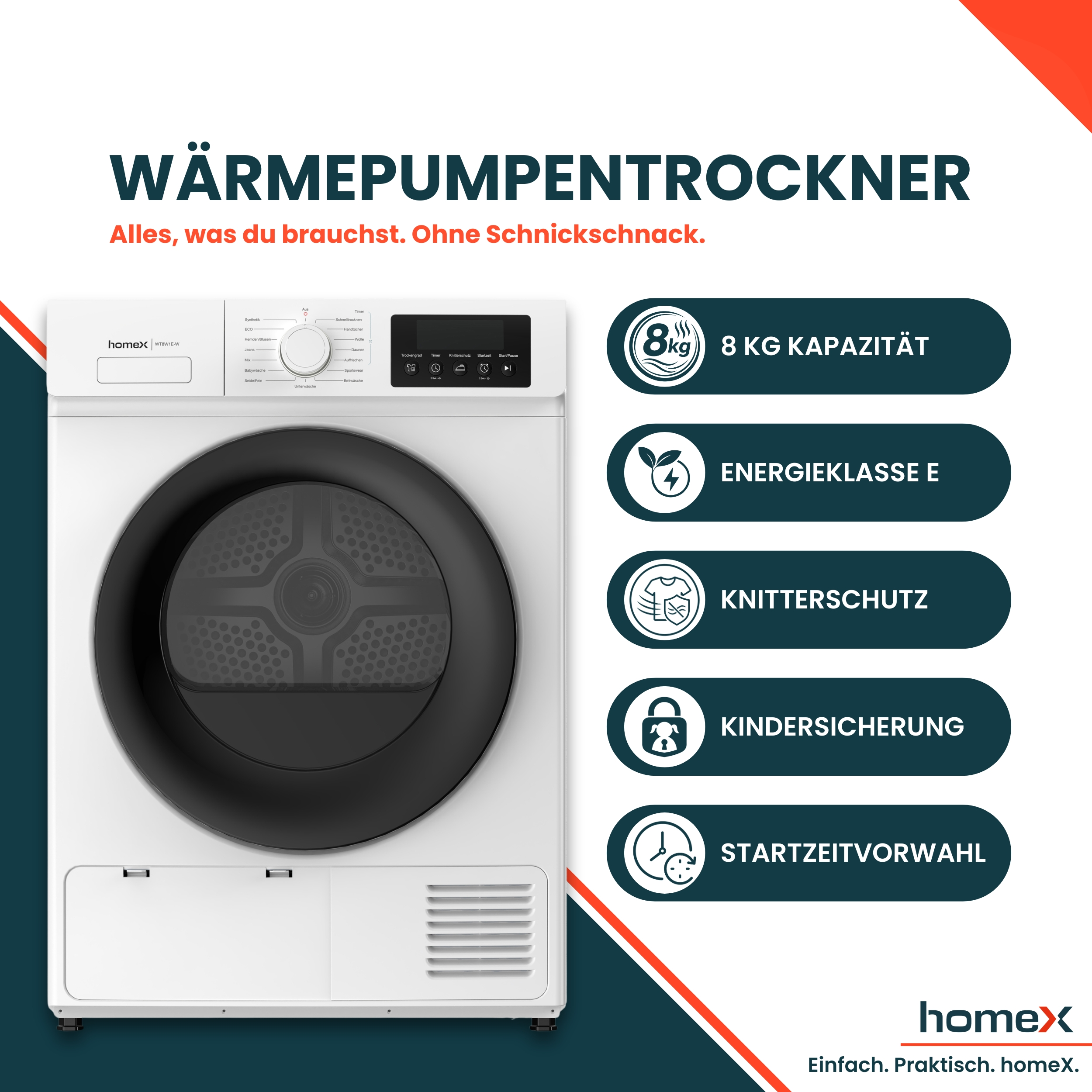 Ein weißer Wärmepumpentrockner mit Funktionen wie 8 kg Kapazität und Energieeffizienzklasse E.