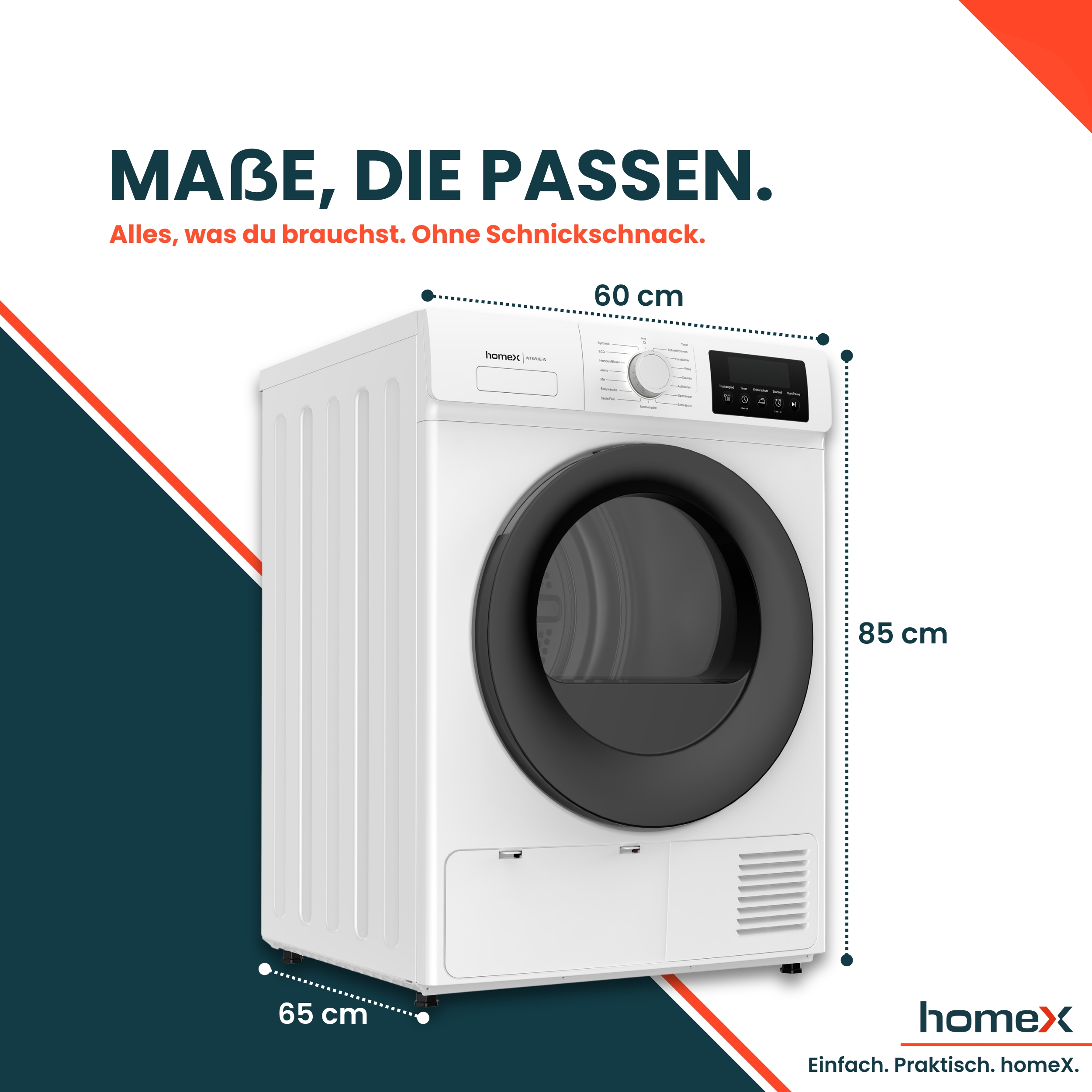 Ein weißer Homex Trockner mit Maßen von 60 cm Breite, 85 cm Höhe und 65 cm Tiefe.