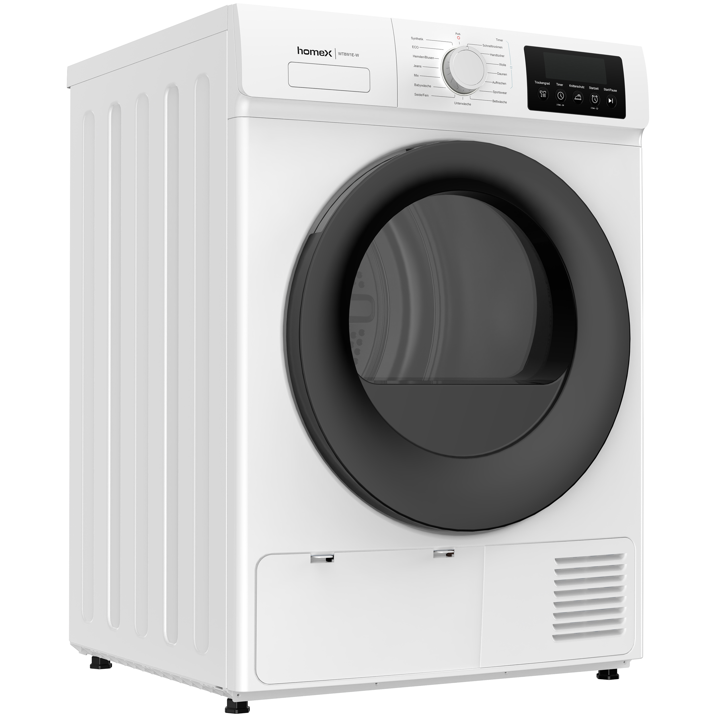Moderner weißer Trockner mit schwarzer Glastür, Drehknopf und digitalem Display auf einer weißen Oberfläche.