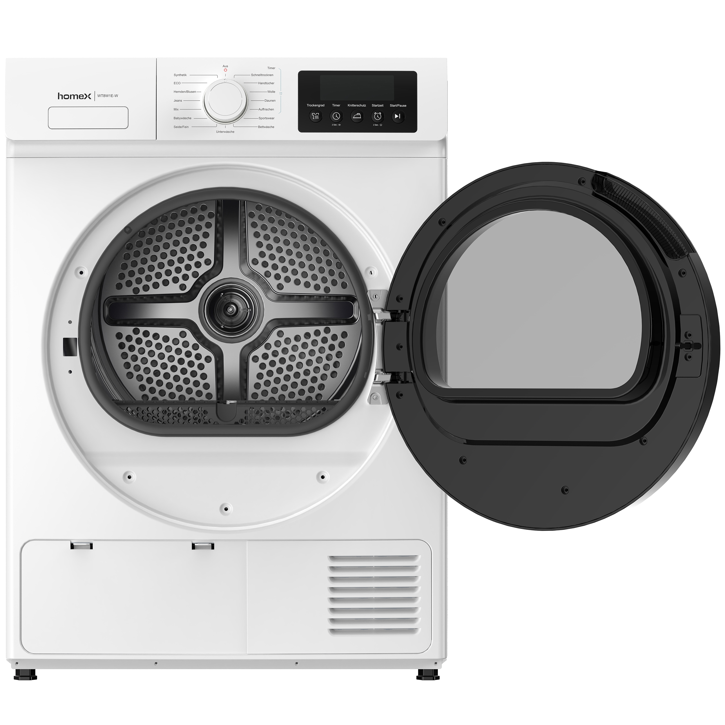 Ein weißer Homex Wäschetrockner mit offener schwarzer Tür, digitalem Display, Drehknopf und perforierter Trommel.