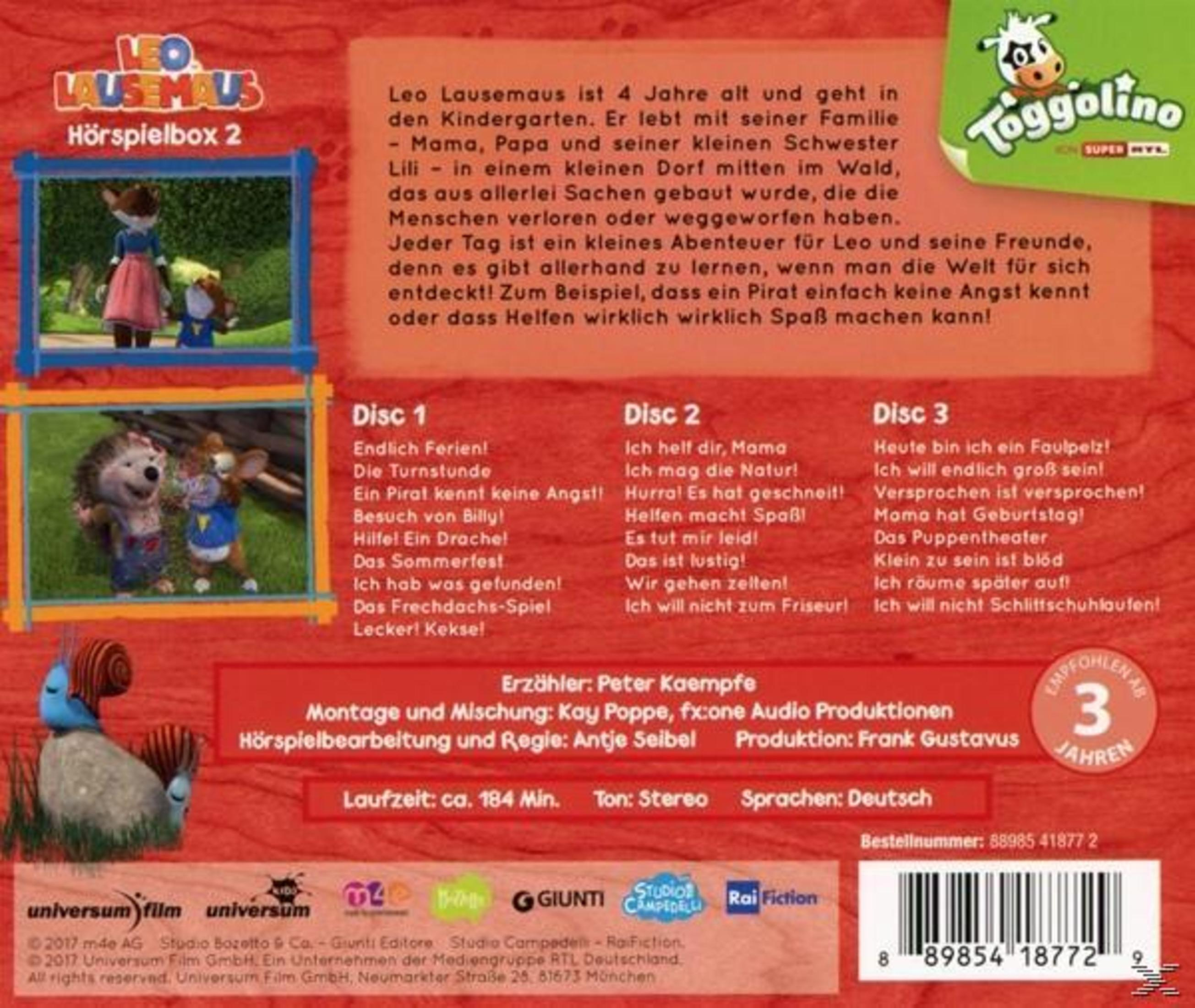 Rückseite einer Leo Lausemaus Hörspielbox mit Bildausschnitten, Songtiteln für drei CDs und Infotext.
