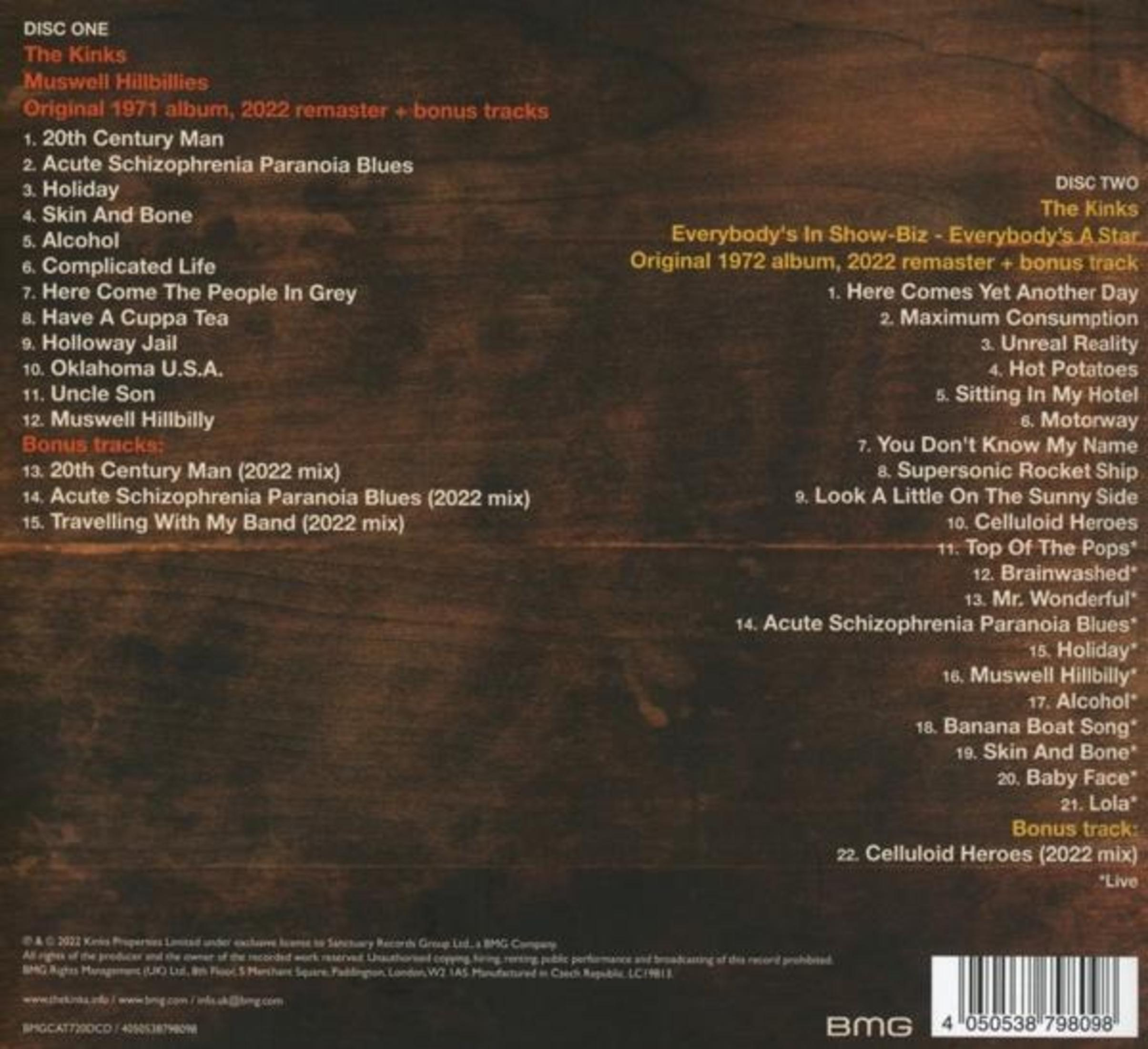 Rückseite einer Musik-CD mit Tracklists für The Kinks Alben Muswell Hillbillies und Everybody's in Show-Biz.