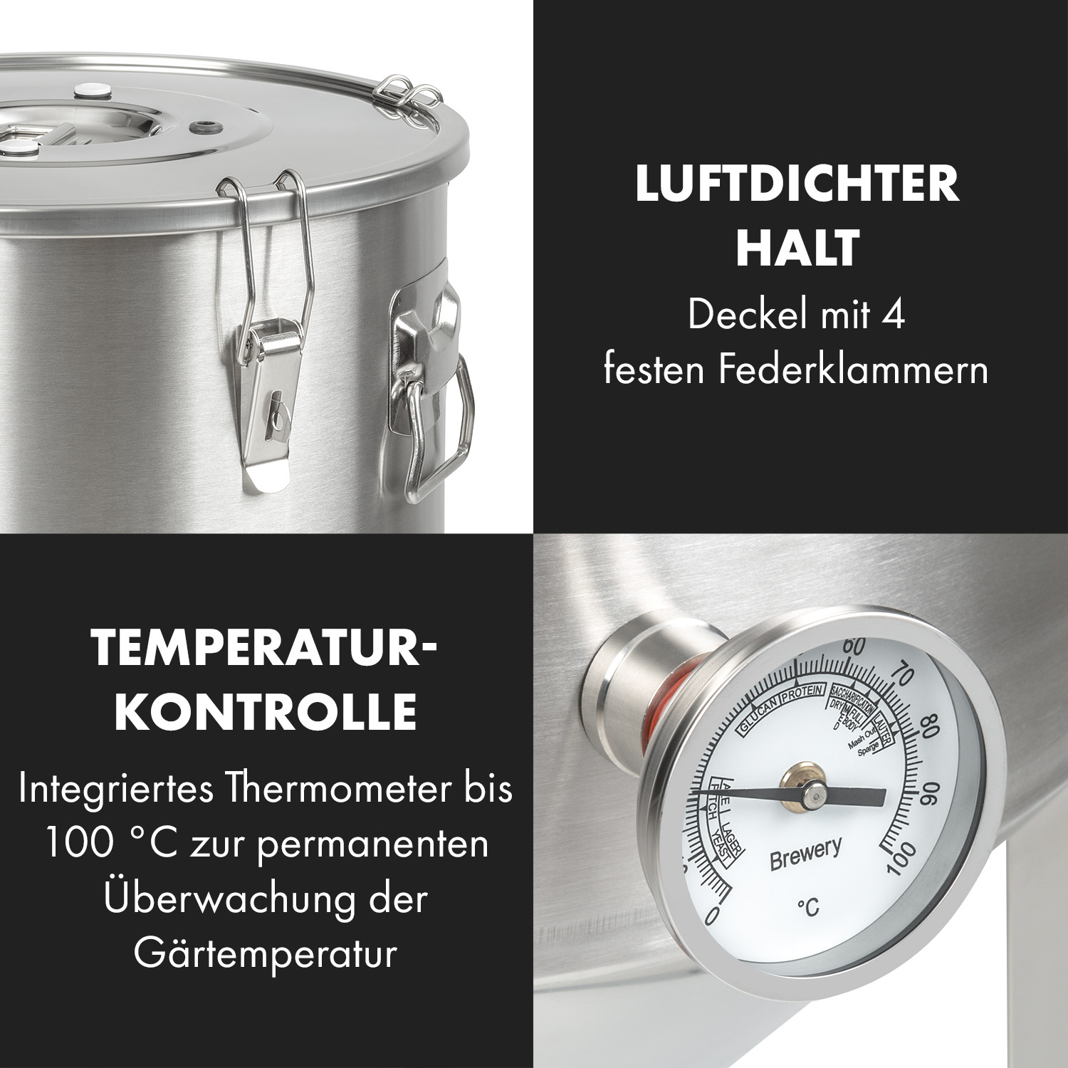 Edelstahlbehälter mit Federklammern und integriertem Thermometer zur Temperaturkontrolle.