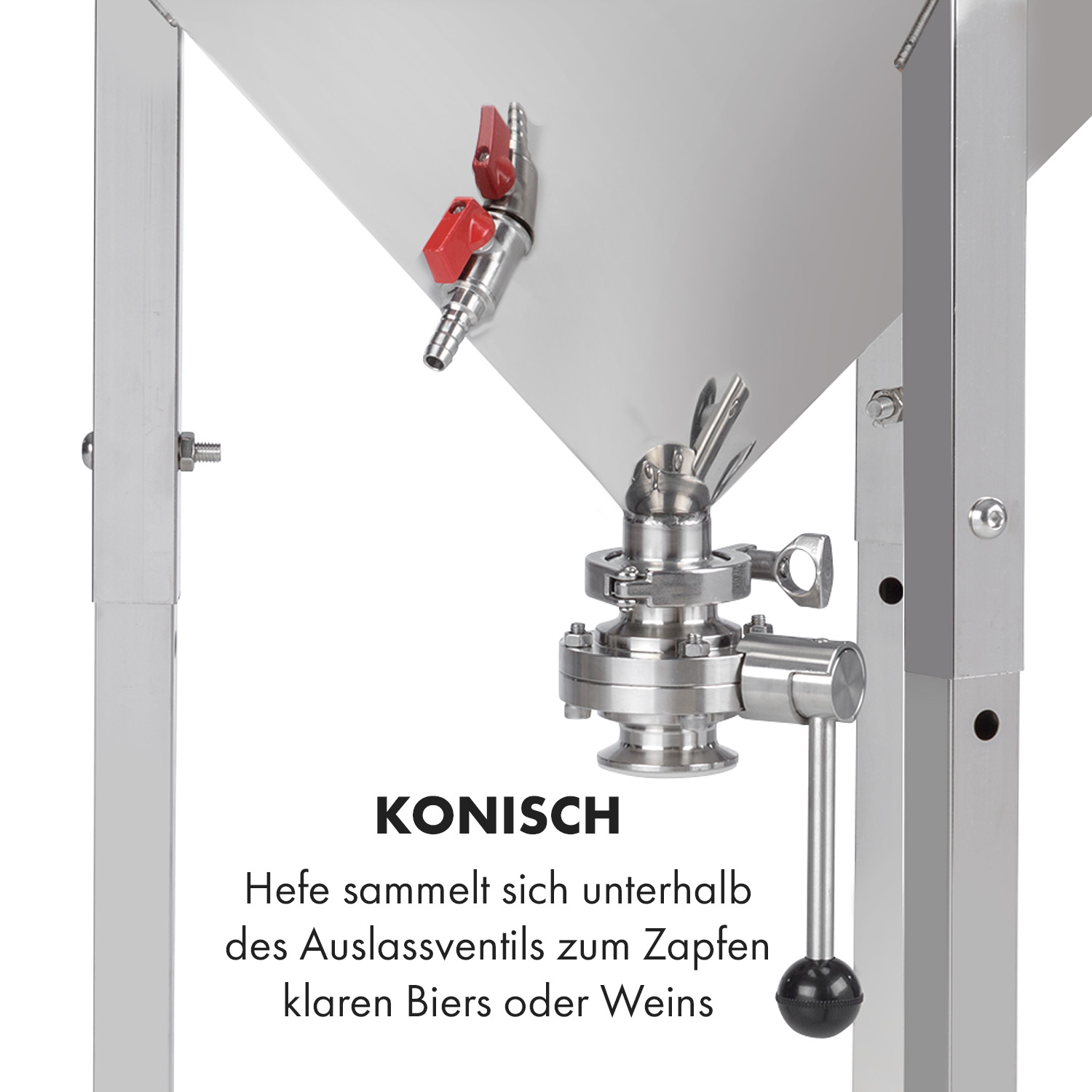 Konischer Edelstahlbehälter mit Ventilen zur Bier- oder Weinbereitung.
