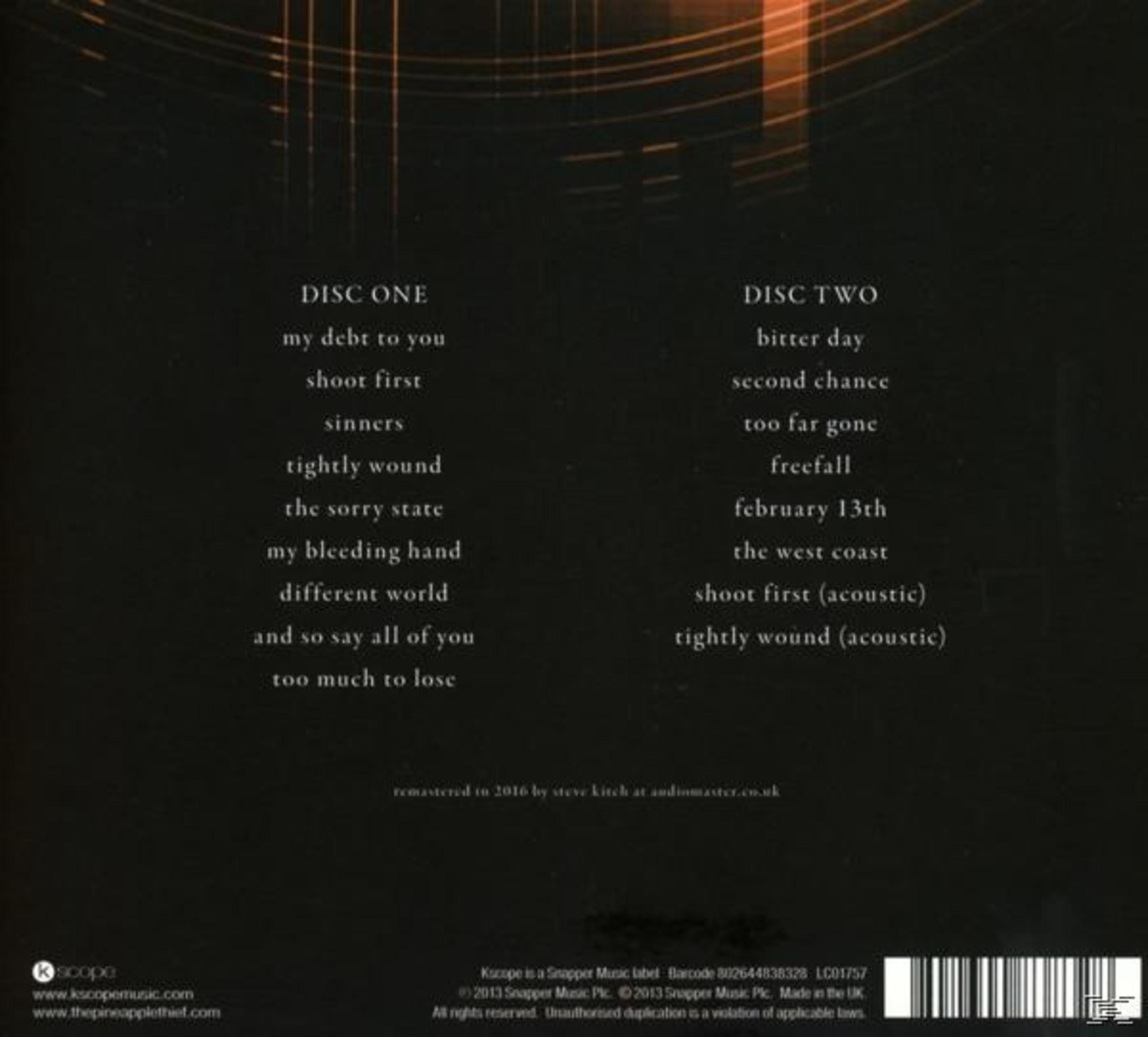 Rückseite einer Musik-CD mit Tracklists für Disc Eins und Zwei auf schwarzem Hintergrund mit orangen Details.