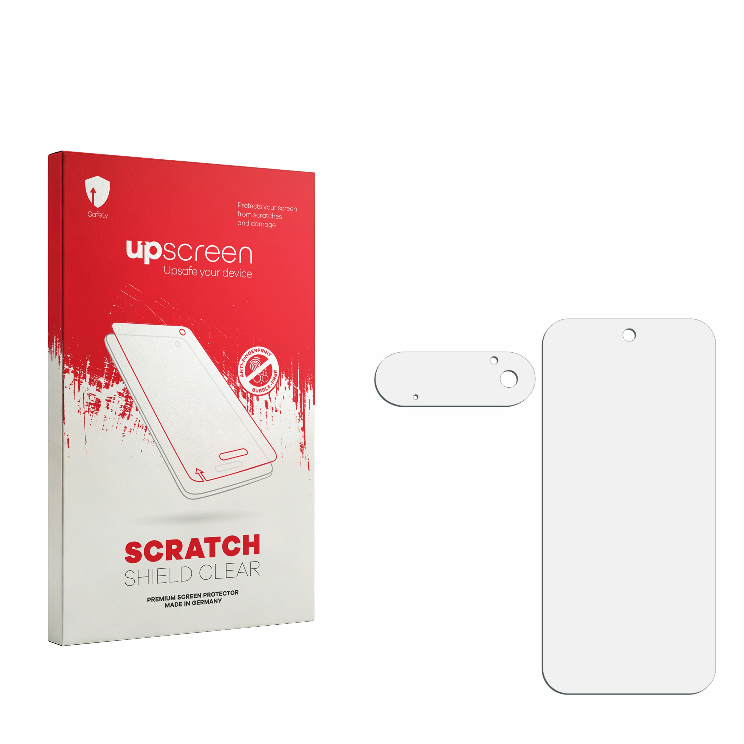 Upscreen Scratch Shield Clear Verpackung und zwei Displayschutzfolien vor weißem Hintergrund.