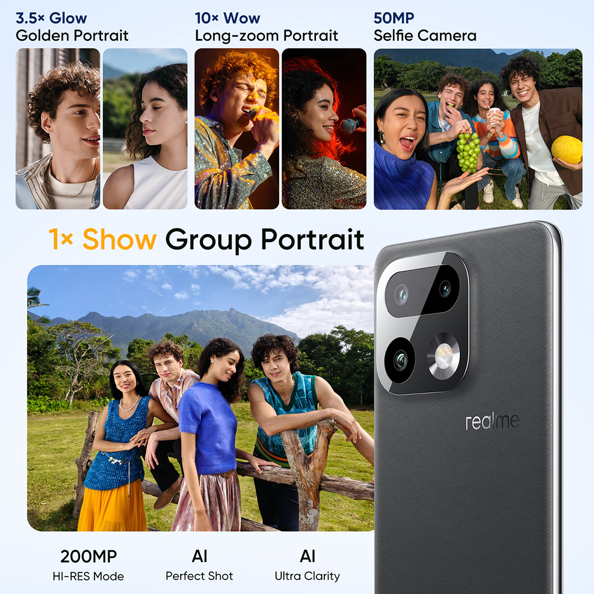 Infografía que muestra funciones de cámara de smartphone con retratos, fotos grupales y parte trasera.