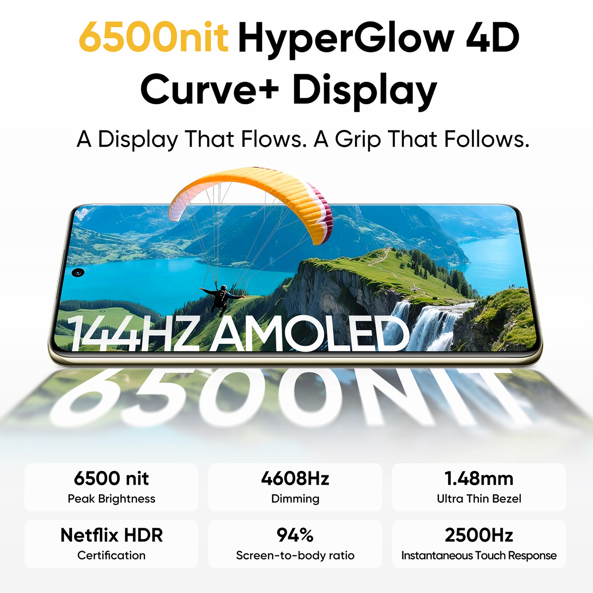 Anuncio de pantalla de smartphone con colores vibrantes y especificaciones como 6500 nits y AMOLED de 144Hz.
