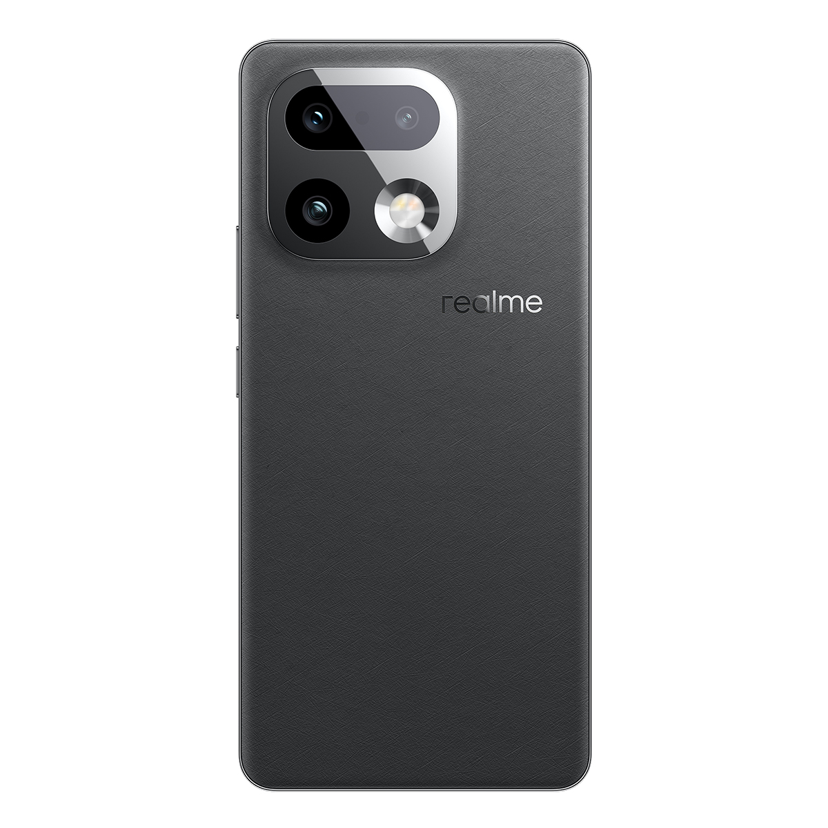 La parte trasera de un smartphone Realme gris oscuro con un gran módulo de cámara cuadrado y el logotipo.