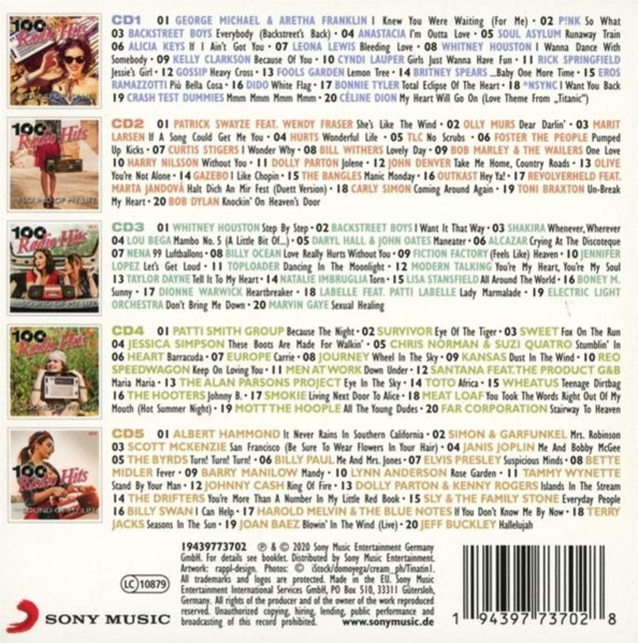 Titelliste einer Fünf-CD-Musiksammlung mit Künstlernamen und Songtiteln.