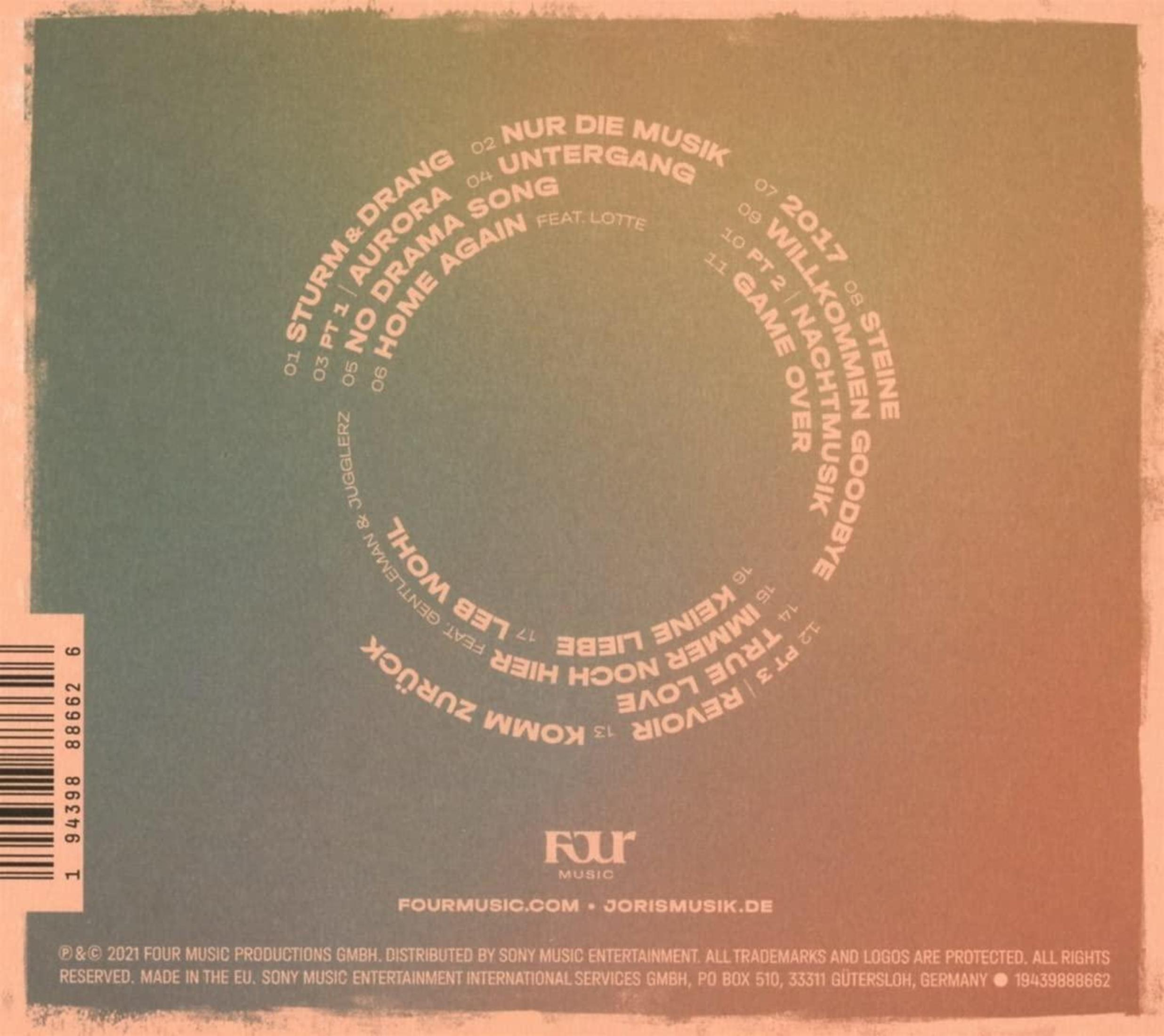 Rückseite einer Musik-CD mit Tracklist in einem Kreis, Firmenlogos und Barcode auf rötlich-grünlichem Hintergrund.