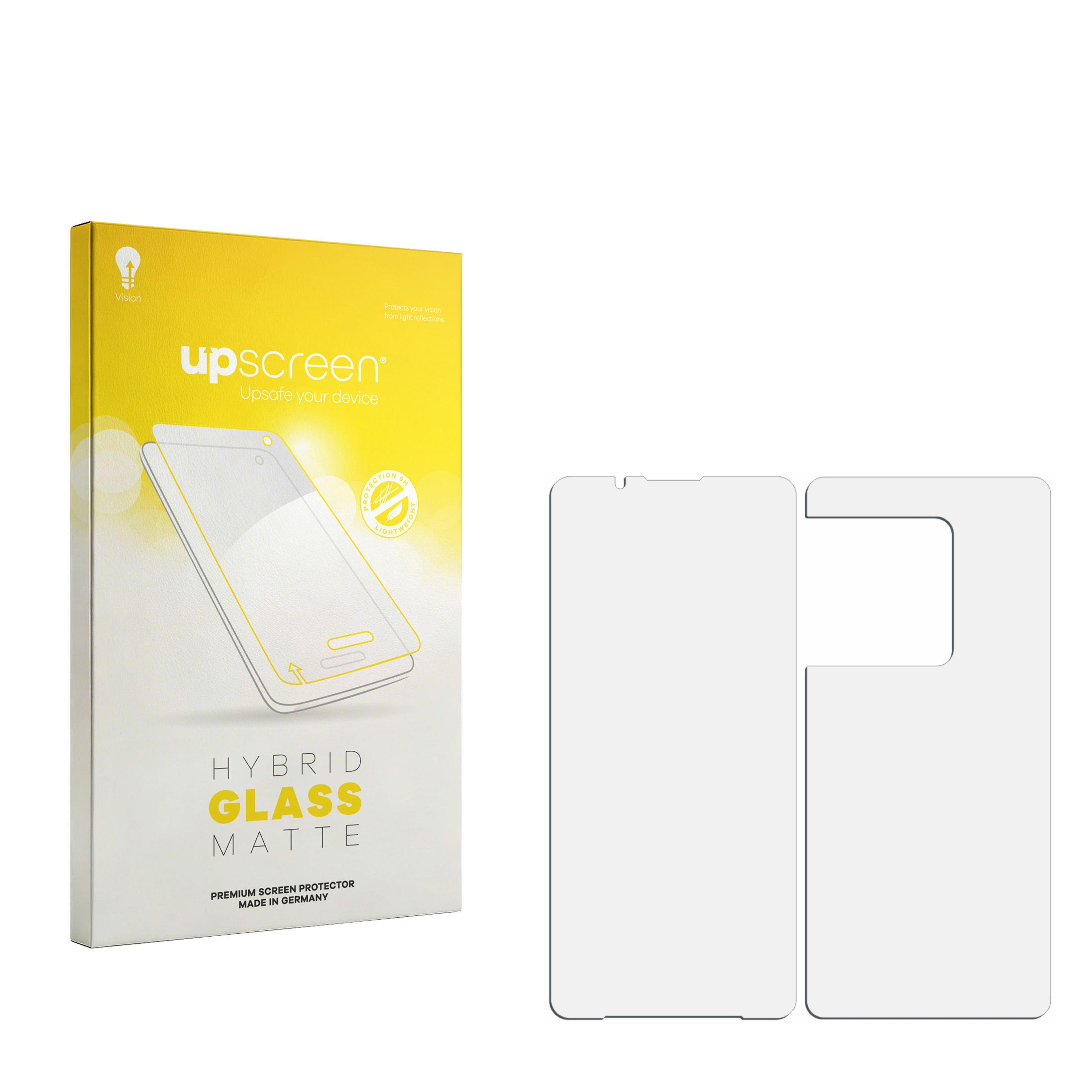 Eine upscreen Hybrid-Glas-Matte-Bildschirmschutz-Box mit zwei klaren Displayschutzfolien daneben.
