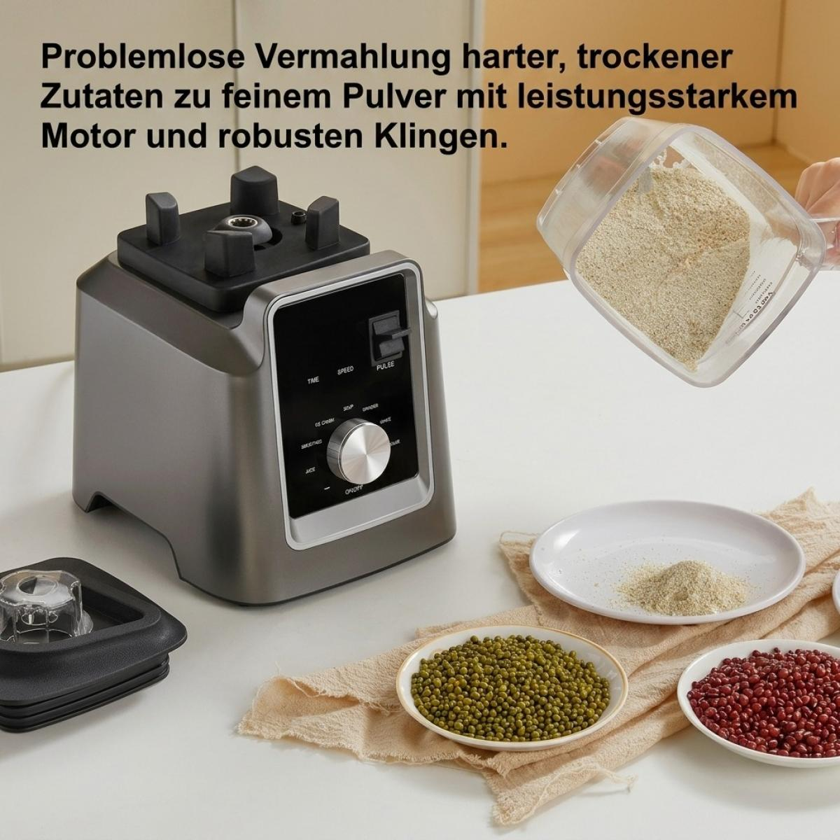 Standmixer auf Tisch mit Schalen voller Hülsenfrüchte und gemahlenem Pulver.