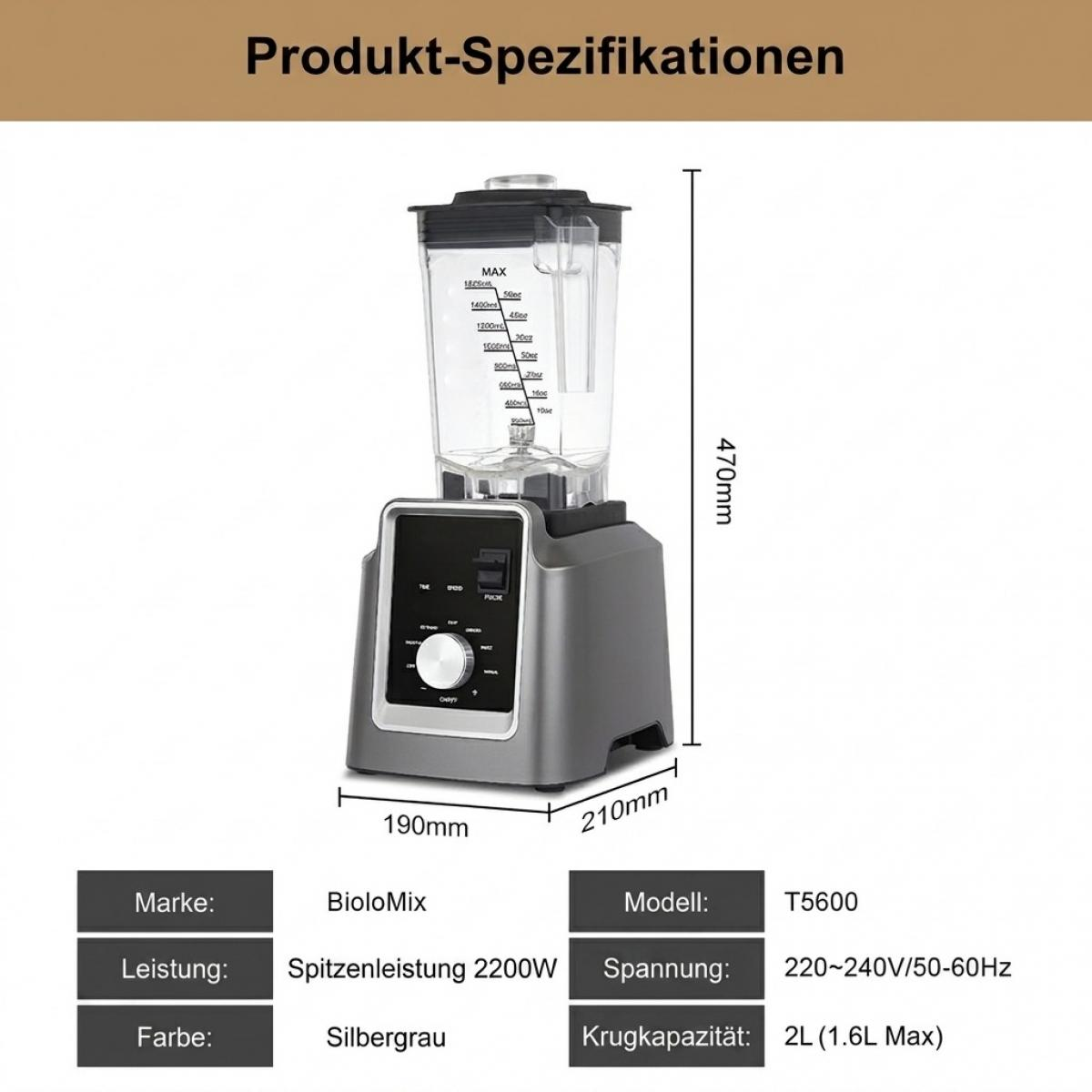 Technische Spezifikationen eines silbergrauen BioloMix T5600 Standmixers mit Maßen und Leistungsdaten.