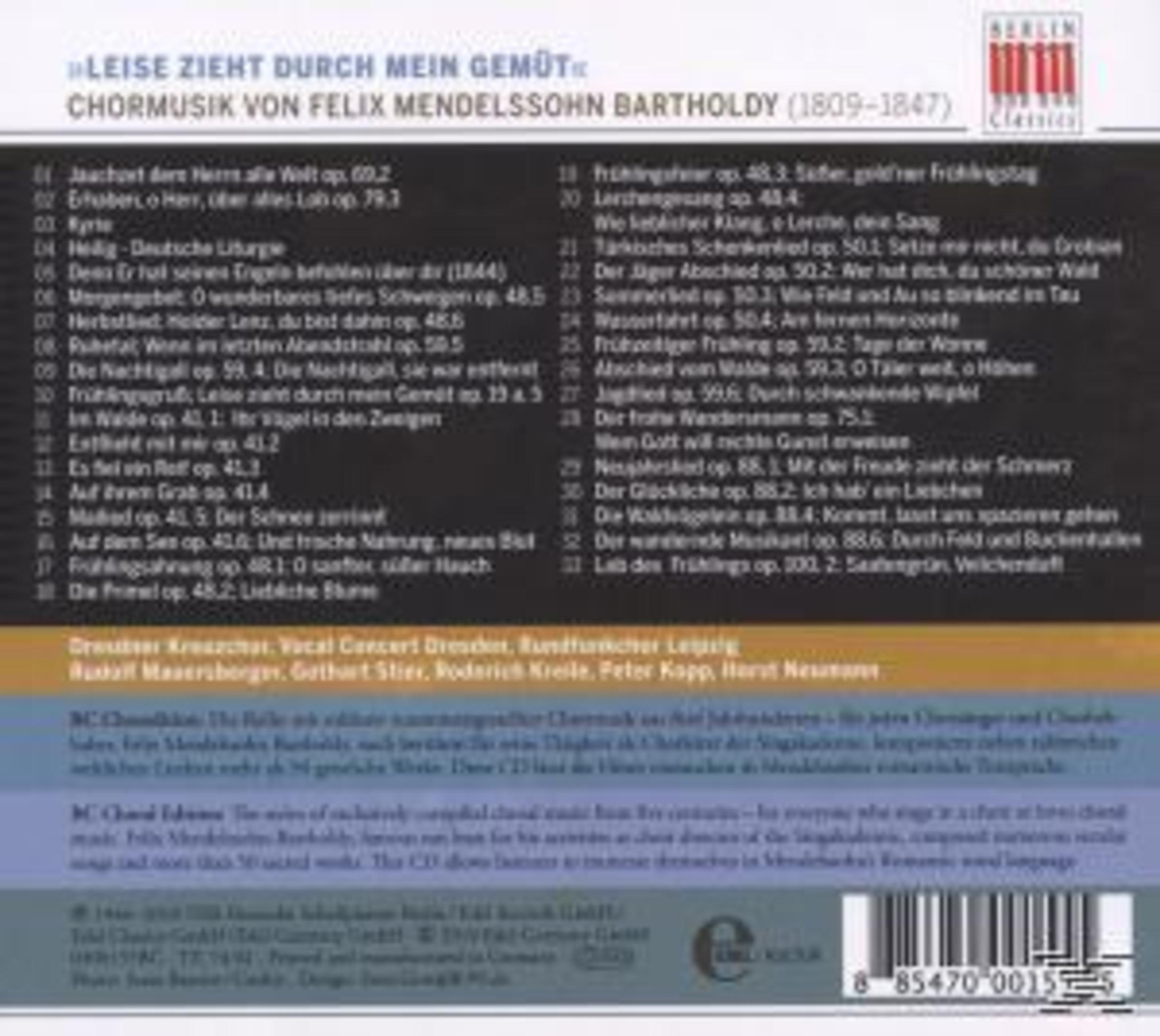 Rückseite einer CD-Hülle mit Titelliste und Angaben zur Chormusik von Felix Mendelssohn Bartholdy.
