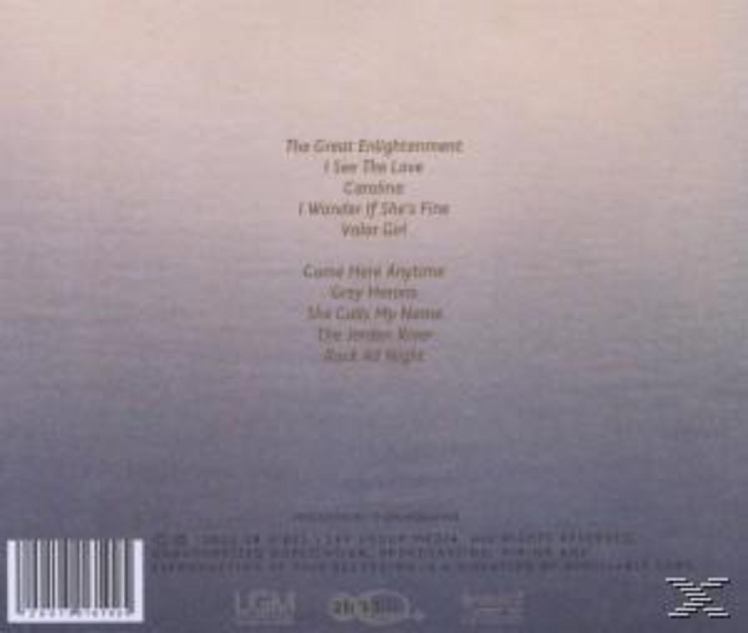Rückseite einer CD mit Tracklist, Text und Barcode auf einem Farbverlaufshintergrund.