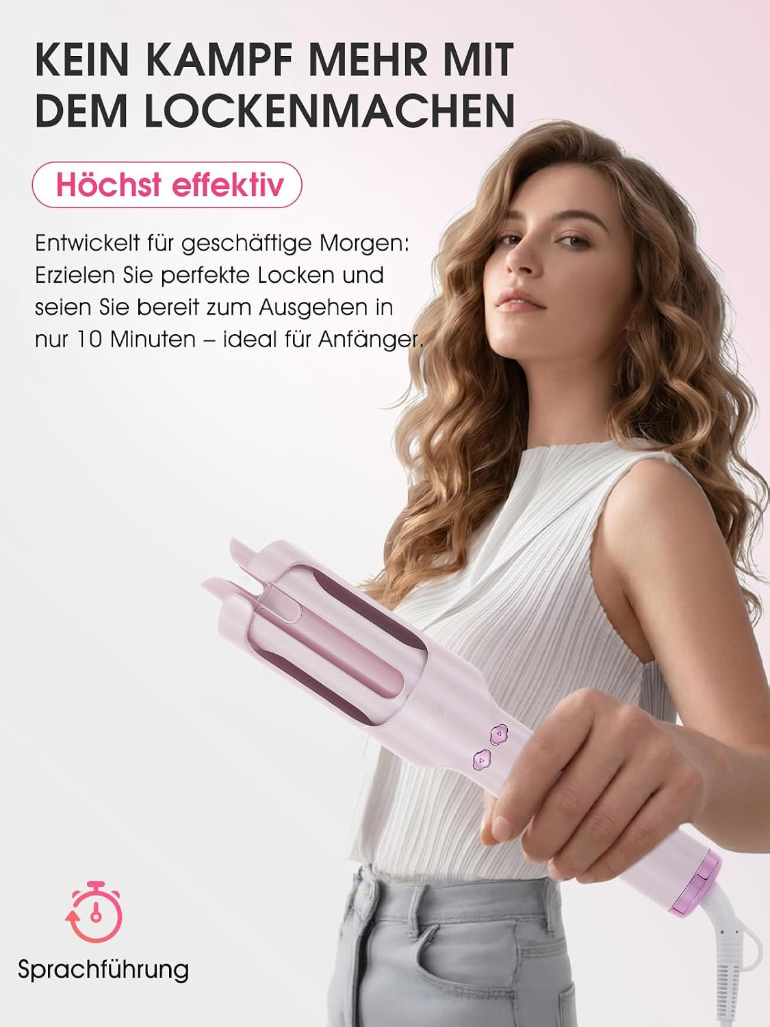 Eine Frau hält einen rosafarbenen Lockenstab vor einem pinken Hintergrund mit deutschem Werbetext.