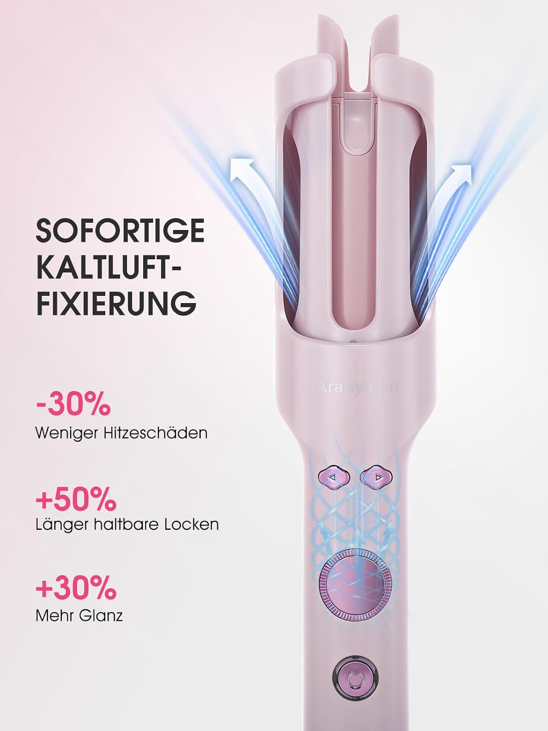 Ein rosa Lockenstab mit Kaltluftstrom, Bedientasten und deutschem Werbetext auf hellem Hintergrund.