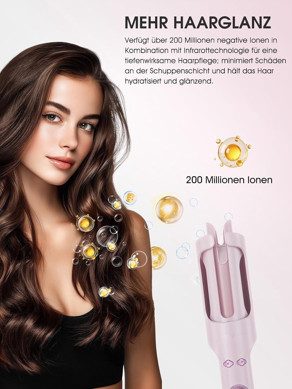 Eine Frau mit glänzendem Haar und ein lila Lockenstab mit Ionen-Technologie.
