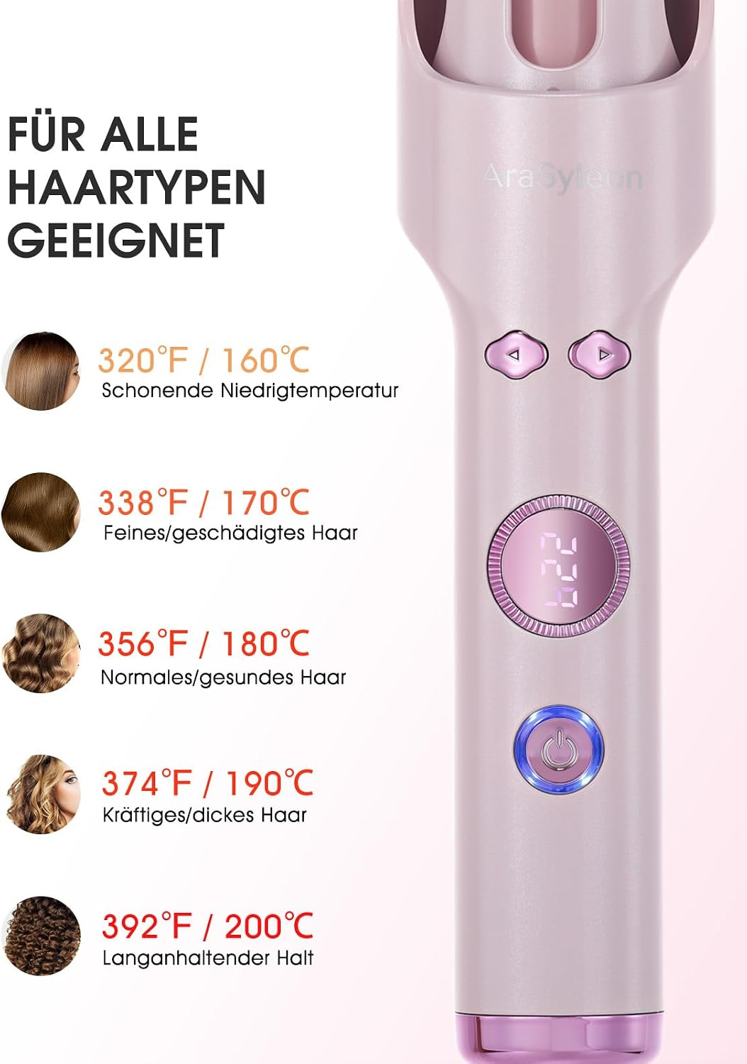 Rosa Lockenstab zeigt Temperatureinstellungen für verschiedene Haartypen.