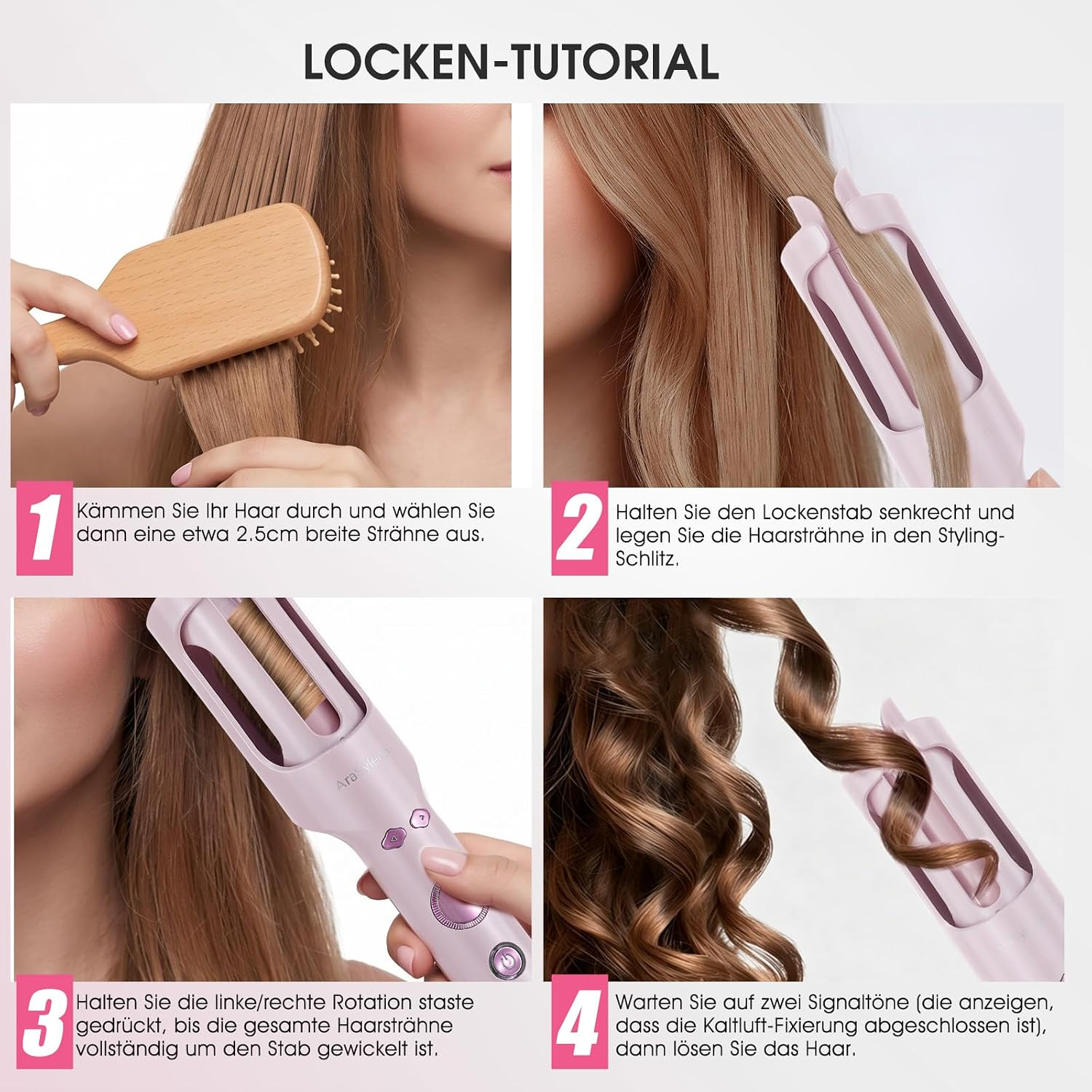 Eine vierschrittige Anleitung zeigt, wie man mit einem automatischen Lockenstab blonde Haare stylt.