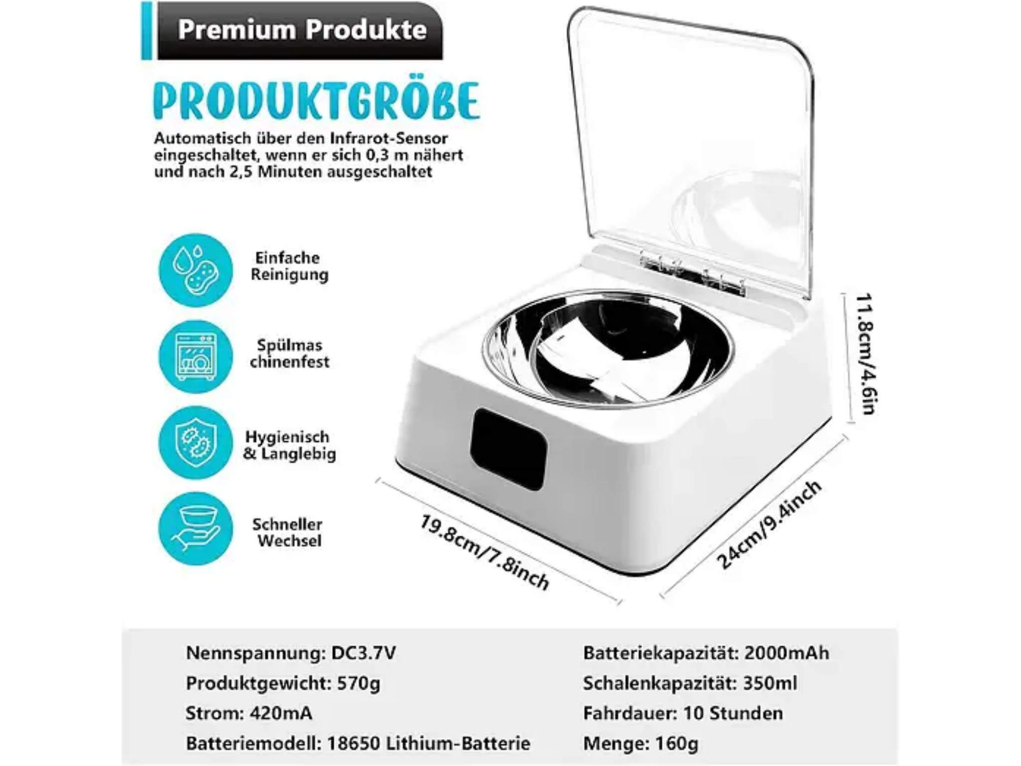 Weißer automatischer Futterautomat mit Infrarotsensor, Edelstahlschüssel und offenem transparenten Deckel.
