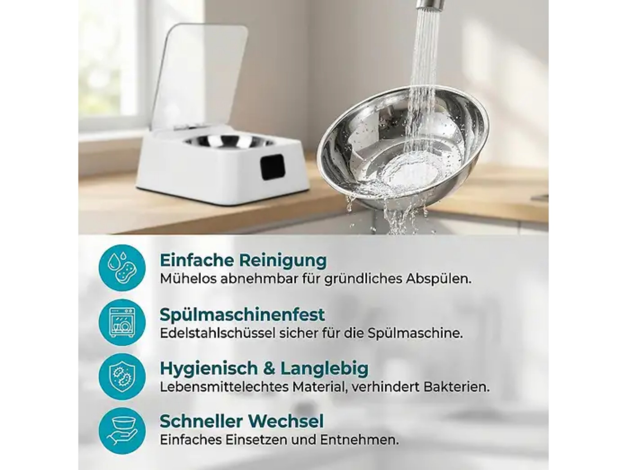 Edelstahlschüssel wird unter einem Wasserhahn gespült, daneben ein Futterautomat, unten deutsche Produktmerkmale.