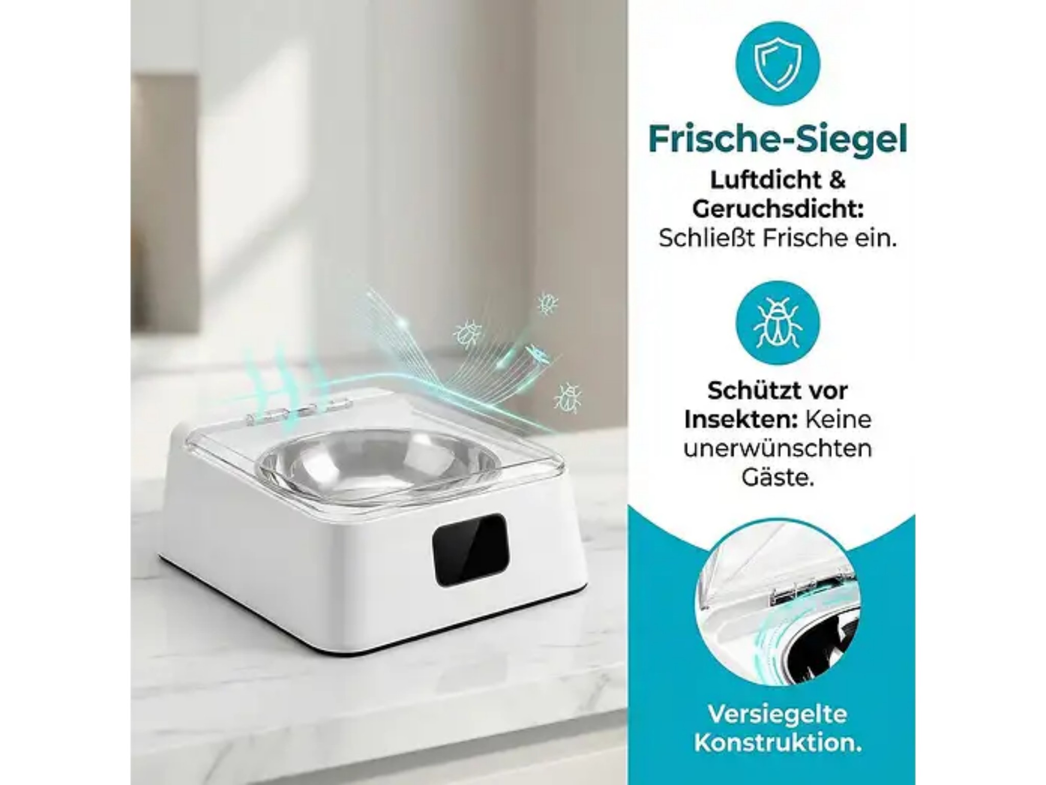Ein weißer, luftdichter Haustiernapf mit Edelstahlschüssel auf einer Theke, mit deutscher Infografik rechts.