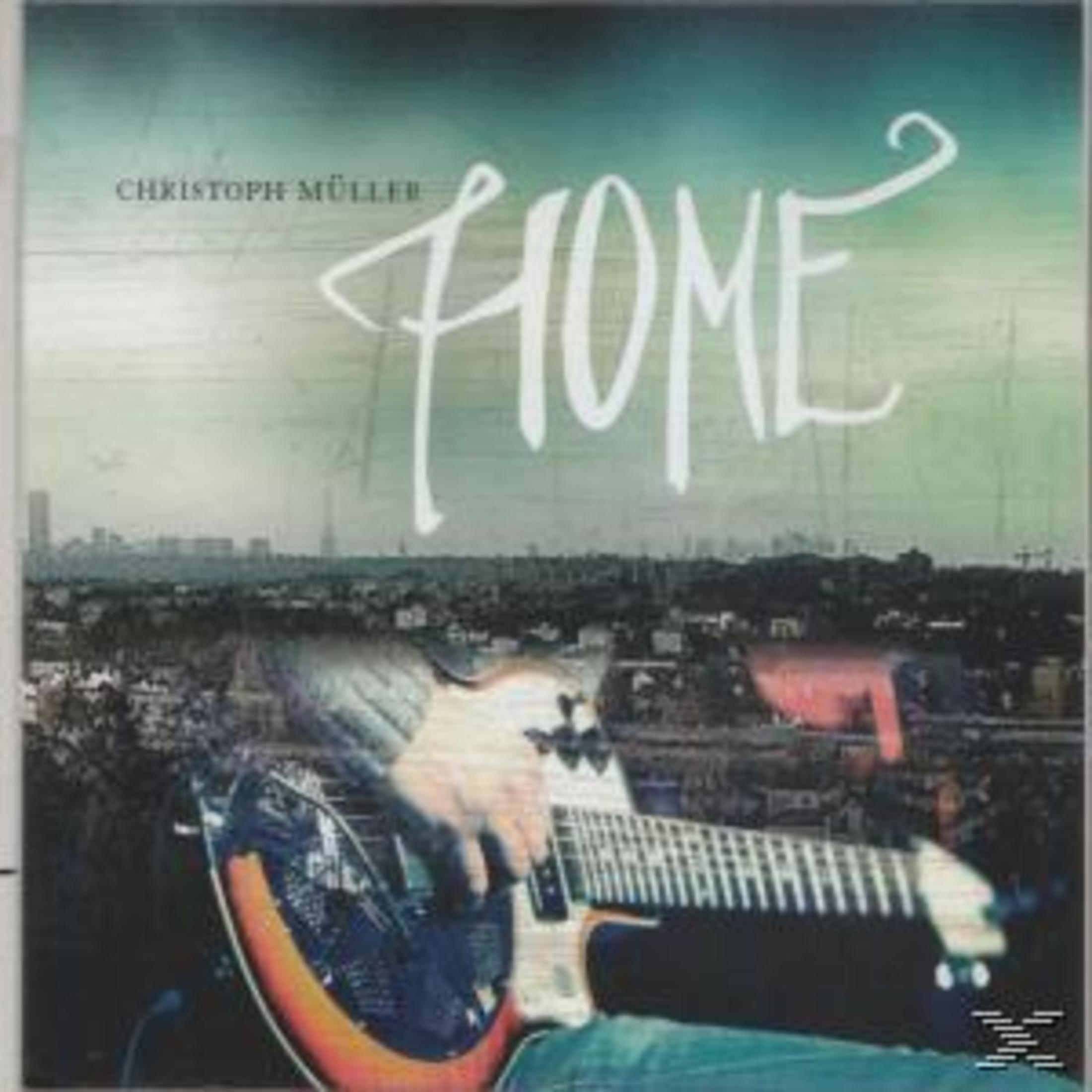 Albumcover mit dem Text HOME, einer Stadtlandschaft und einer Gitarre von Christoph Müller.