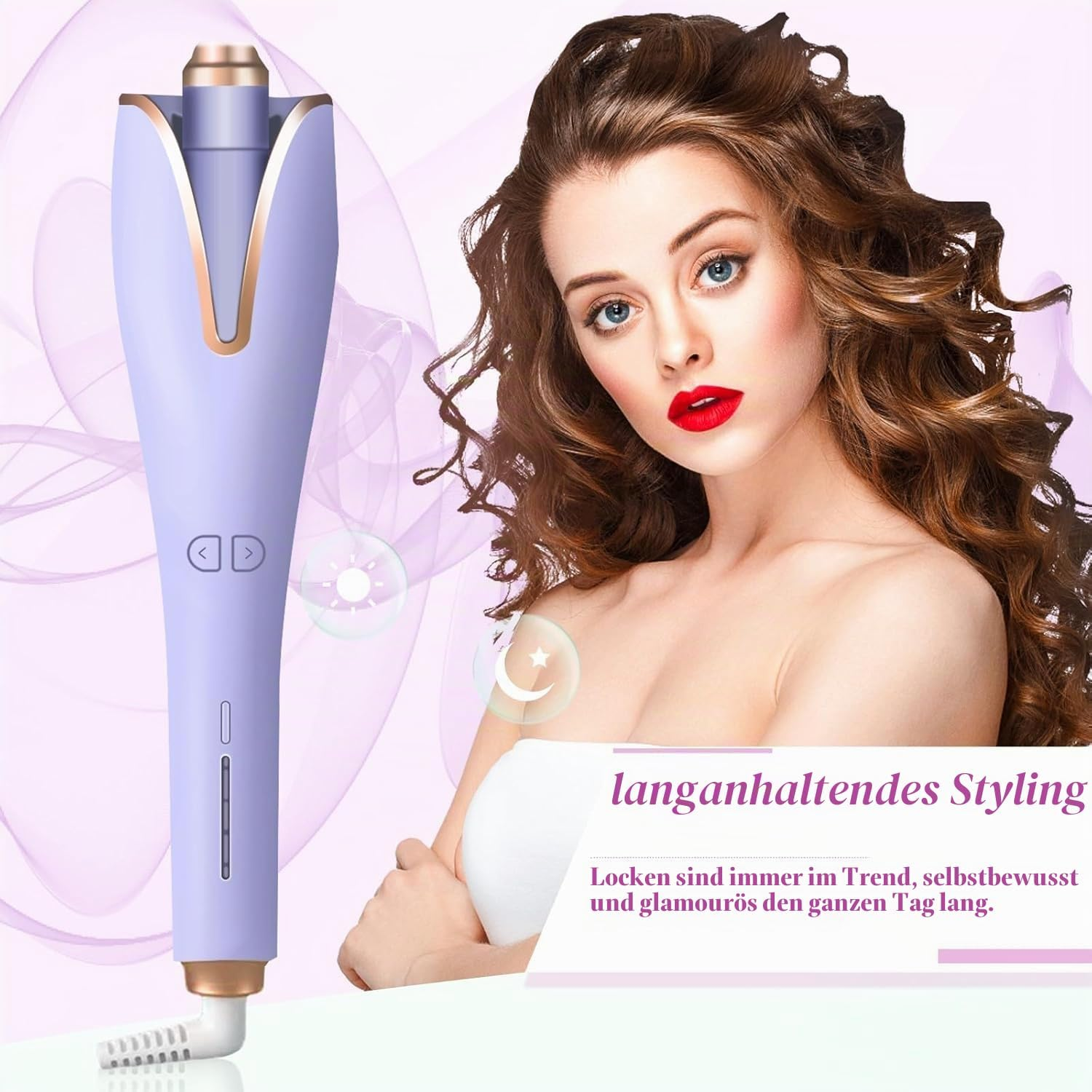 Ein lila Haarglätter und eine Frau mit langen Locken.