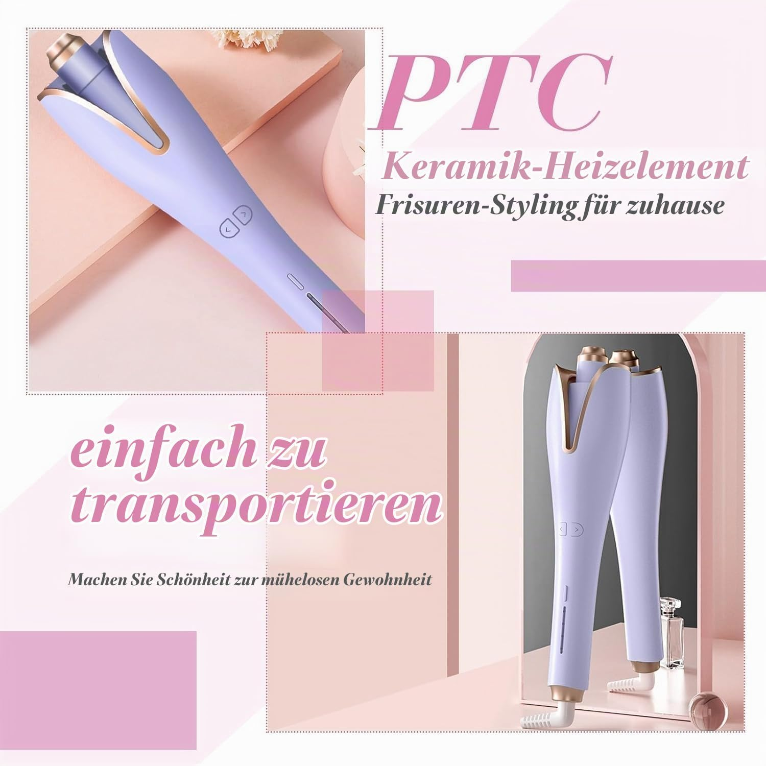 Lila Haarlocker mit Keramik-Heizelement und deutschen Texten.