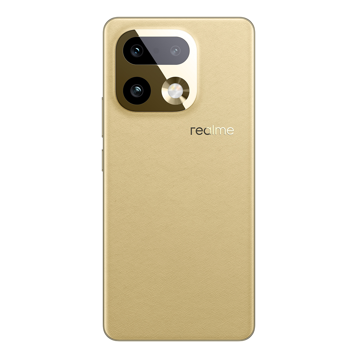 Smartphone dorado visto desde atrás, con un módulo de cámara cuadrado arriba a la izquierda y el logotipo de Realme.