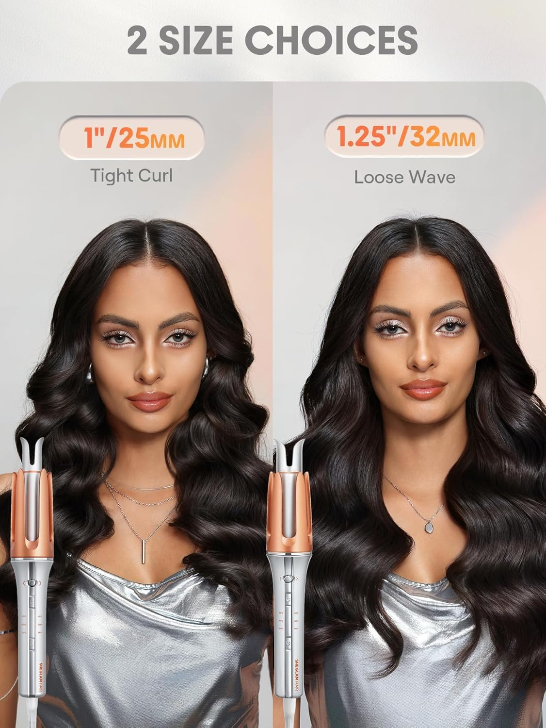 Vergleich zweier Haarstylinggrößen: 25mm für enge Locken und 32mm für lose Wellen bei einer Frau mit dunklem Haar.