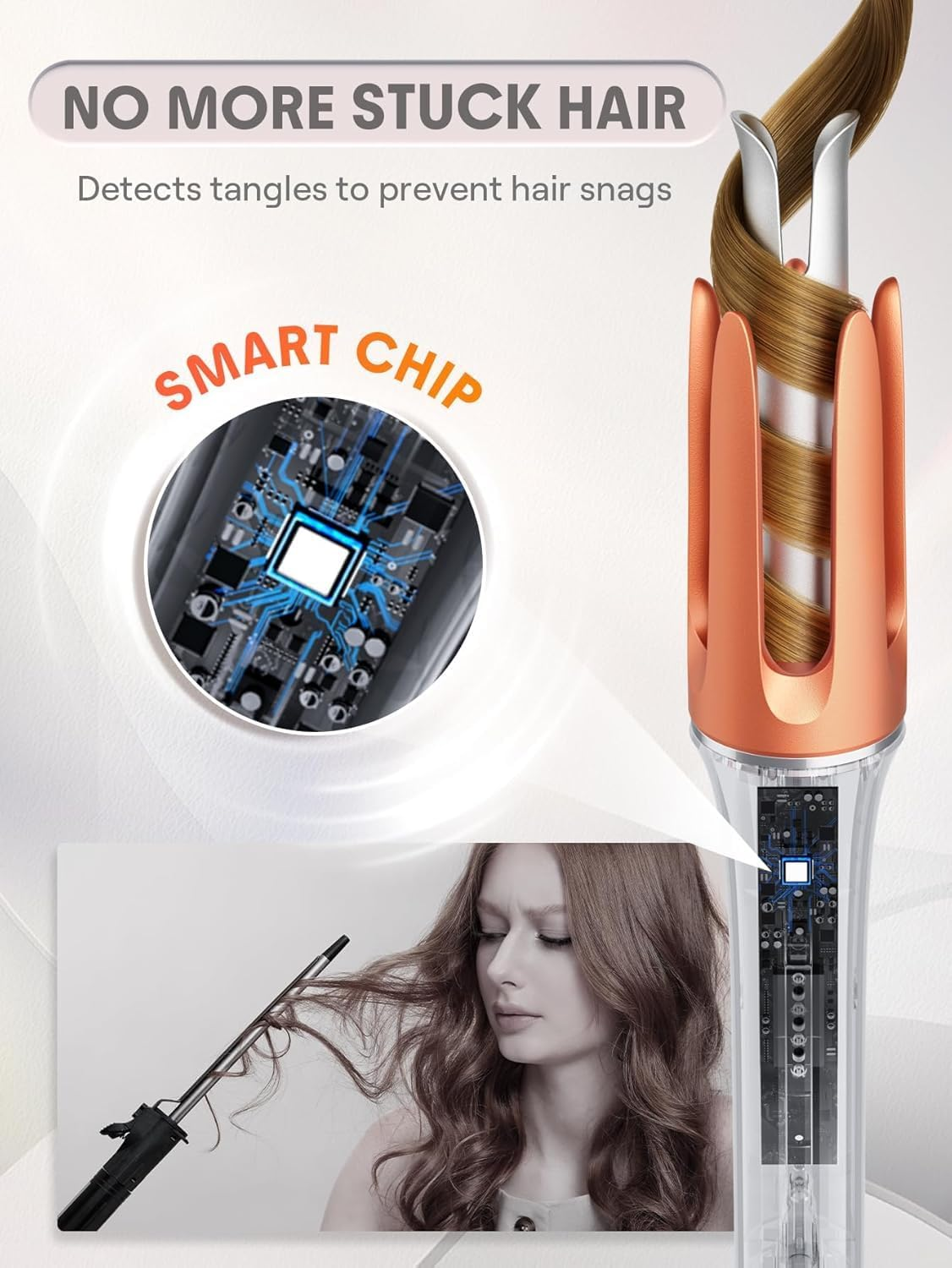 Haarcurler mit Smart-Chip zur Verhinderung von Verheddern, zeigt Innenleben und Frau mit Haar.