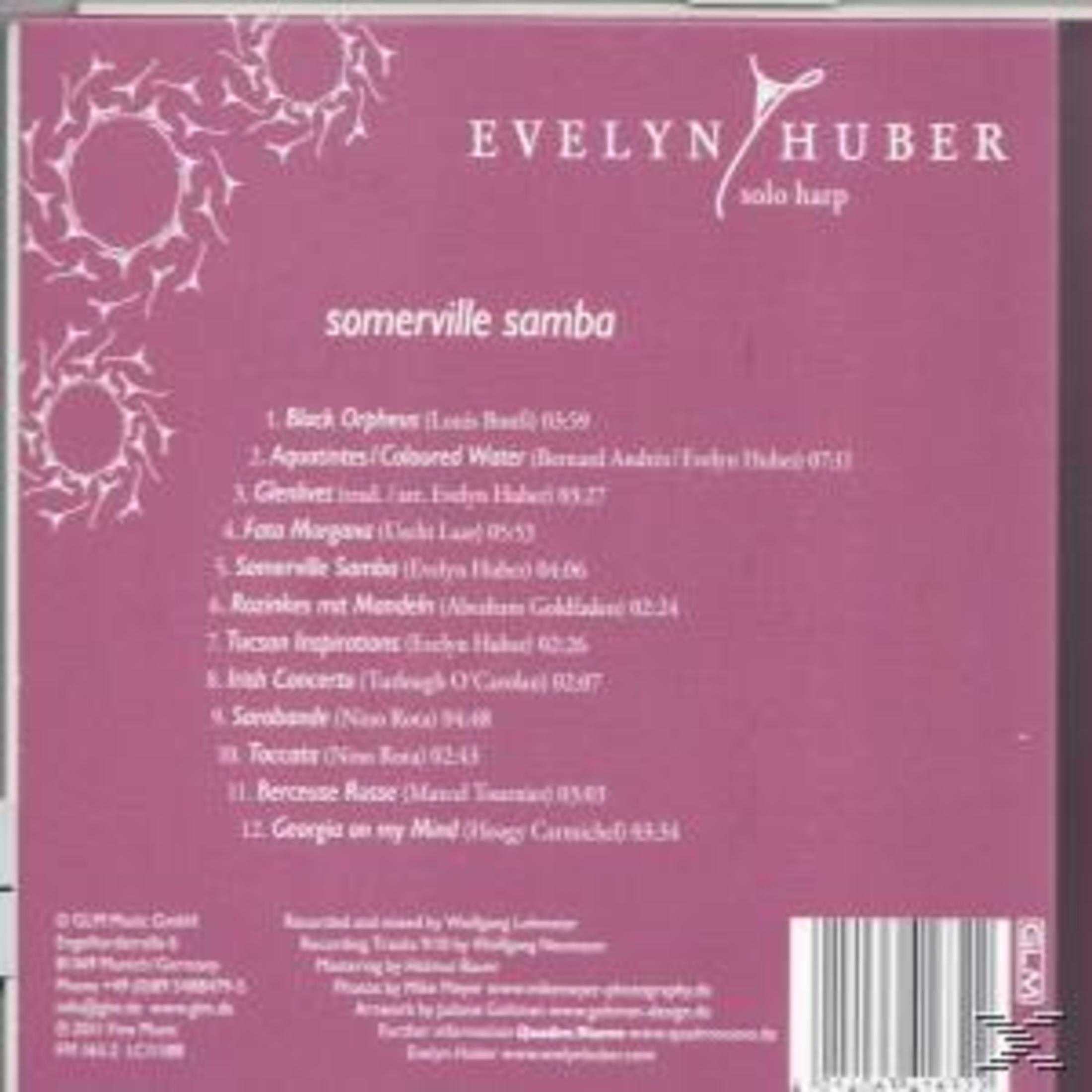 Rosa CD-Rückseite für Somerville Samba von Evelyn Huber, mit Titelliste, Künstlername, Barcode und Label-Info.