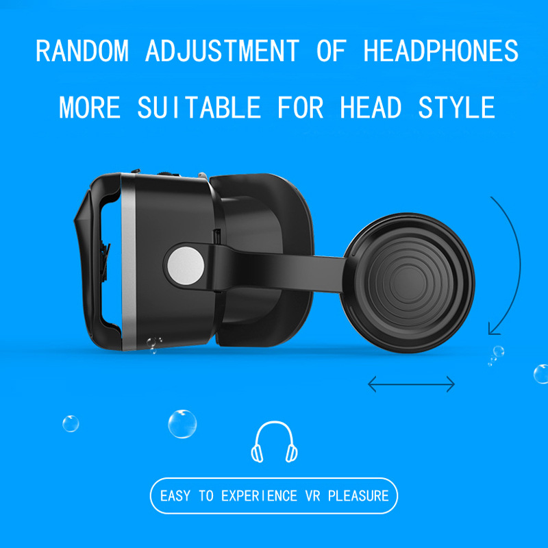 Schwarzes VR-Headset mit verstellbaren Kopfhörern auf blauem Hintergrund mit Werbetext.