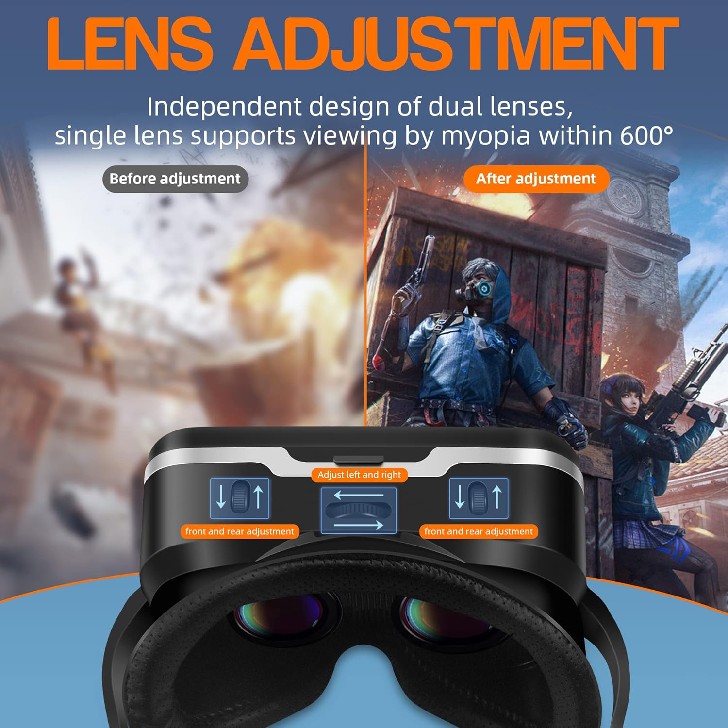 VR-Headset mit geteiltem Bild, das vorher und nachher der Linseneinstellung für klare Sicht zeigt.