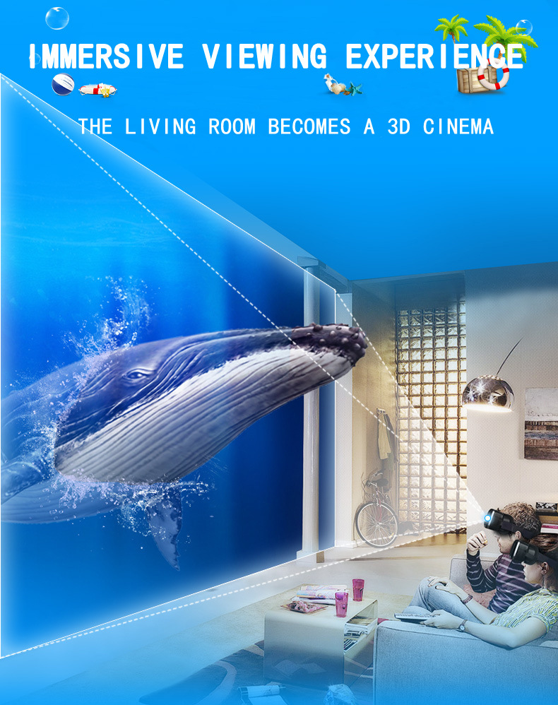 Zwei Personen schauen mit VR-Brillen auf einer Couch, während eine Waleinblendung den Raum in ein Kino verwandelt.