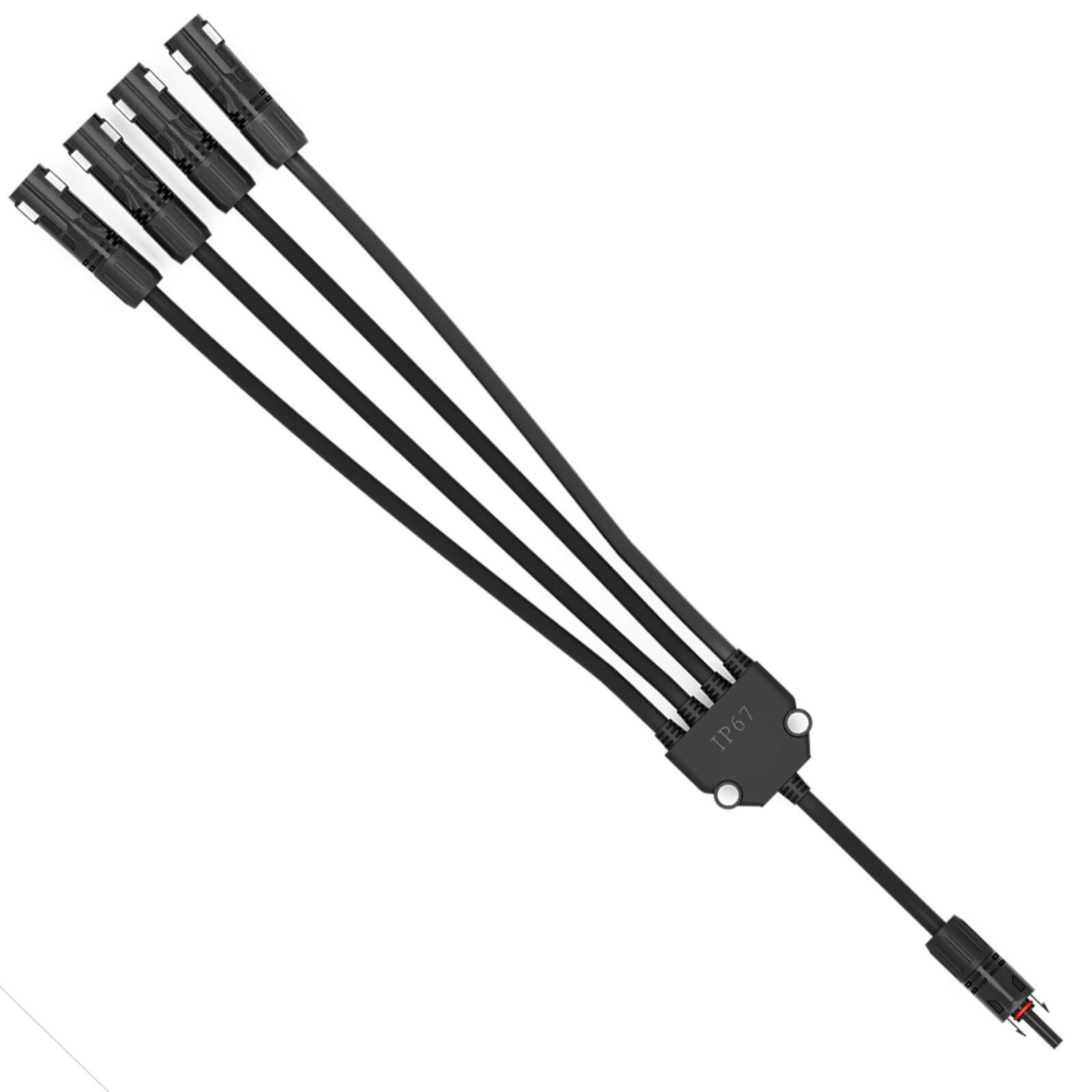 Ein schwarzes IP67-Solar-Kabelverzweigung mit vier Steckern auf einer Seite und einem Stecker auf der anderen.