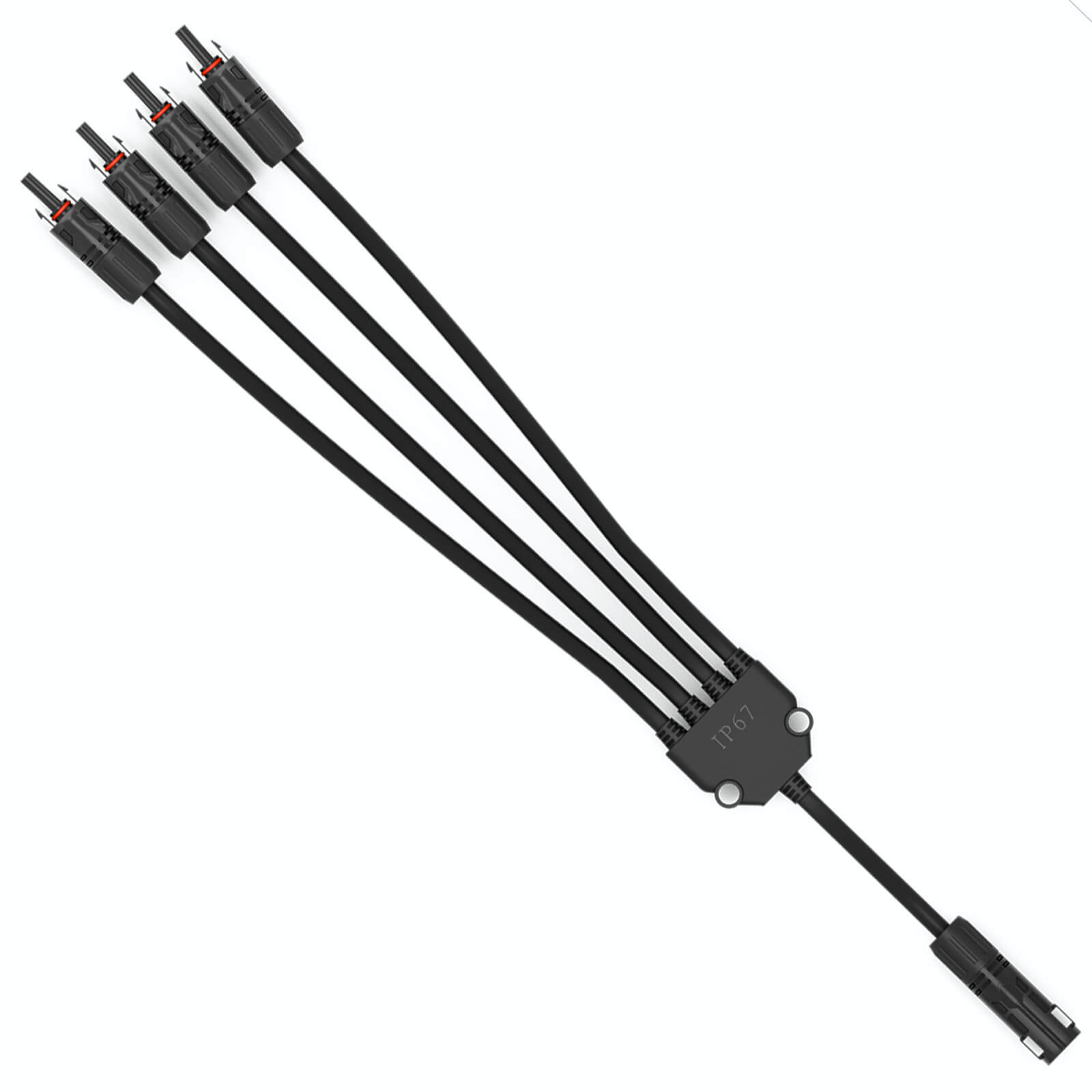 Ein schwarzes IP67-Solar-Abzweigkabel mit vier Eingängen und einem Ausgang auf weißem Hintergrund.