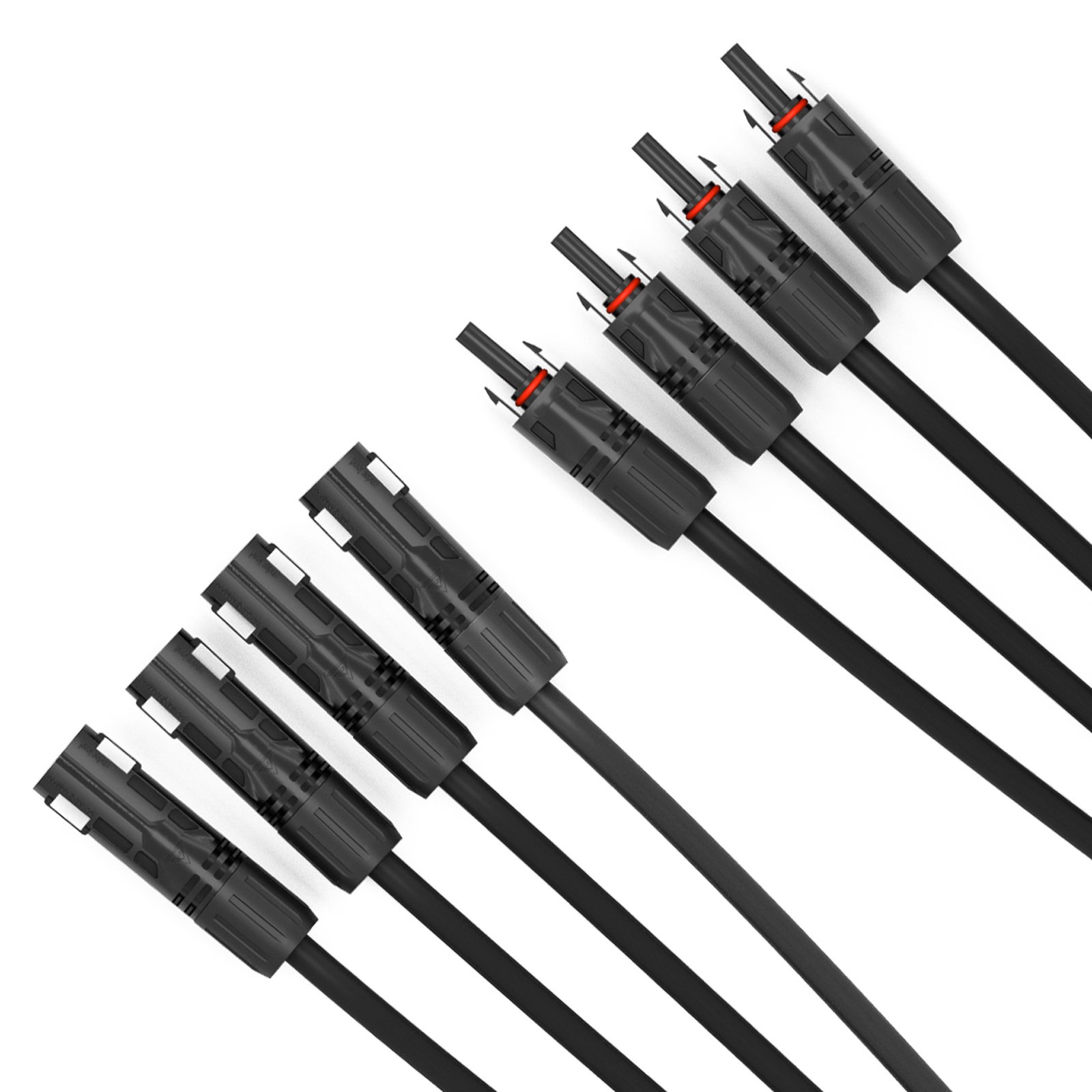 Sechs schwarze Solarkabel mit Steckern diagonal angeordnet auf weißem Hintergrund.